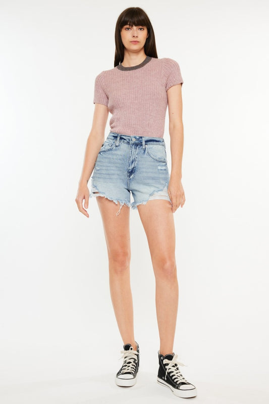 Kancan Distressed High Waist Denim Shorts with Pockets-TOPS / DRESSES-[Adult]-[Female]-Medium-1-2022 Online Blue Zone Planet