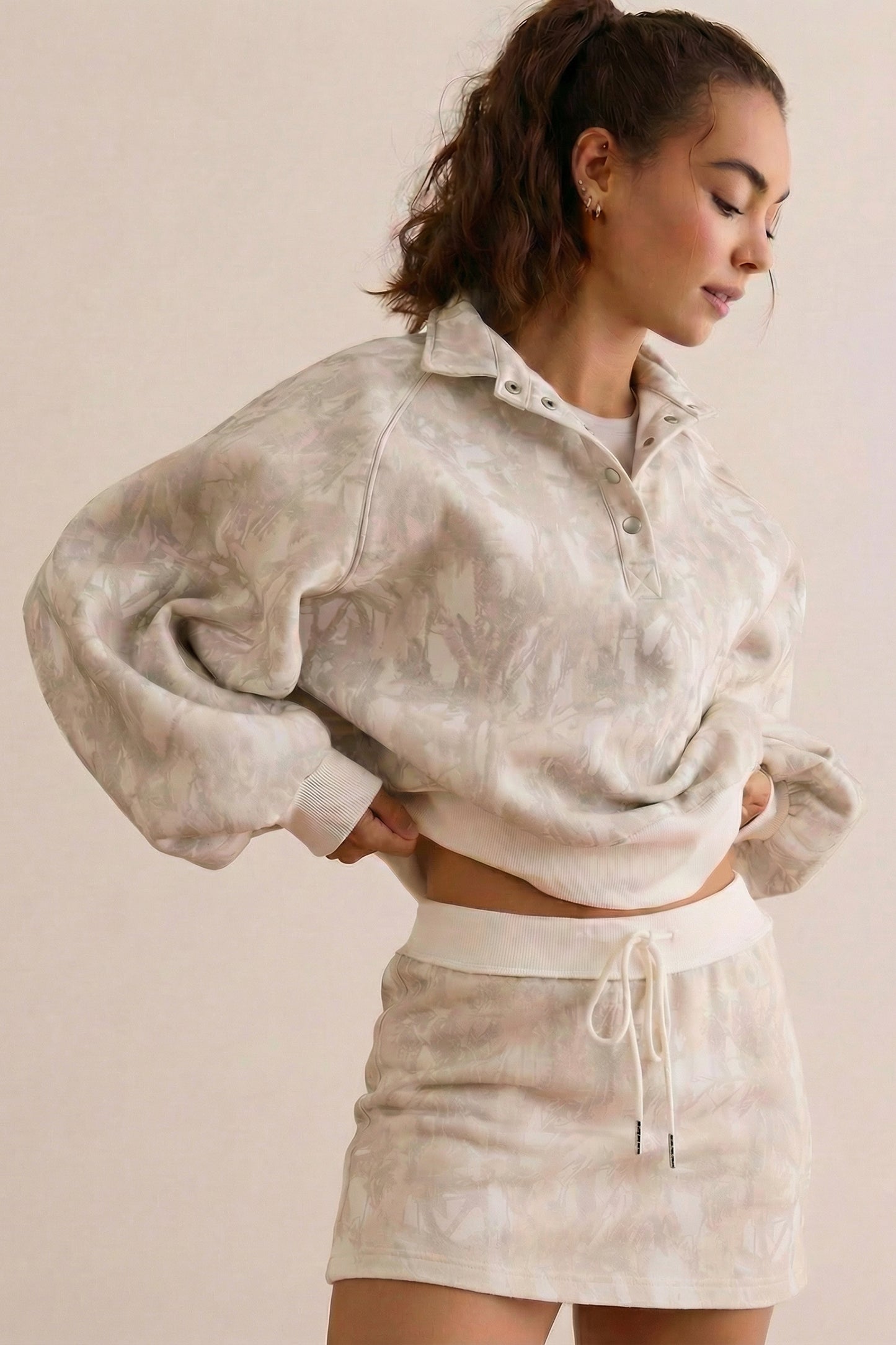 White Abstract Woodland Print Balloon Sleeve Pullover Drawstring Mini Skirt Set-Two Piece Sets/Two Piece Dresses-[Adult]-[Female]-2022 Online Blue Zone Planet