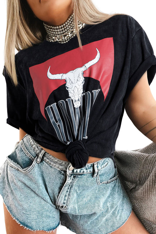 Black Western Howdy Steer Head Print Side Slits Loose Fit T Shirt-Graphic/Graphic Tees-[Adult]-[Female]-Black-S-2022 Online Blue Zone Planet