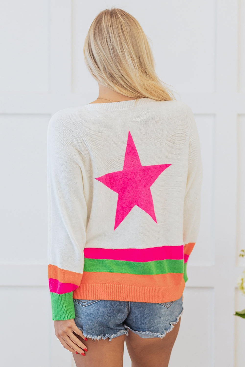 Blue Zone Planet | White Star Pattern Colorblock Striped Edge Drop Shoulder Sweater-Sweaters & Cardigans/Sweaters-[Adult]-[Female]-2022 Online Blue Zone Planet