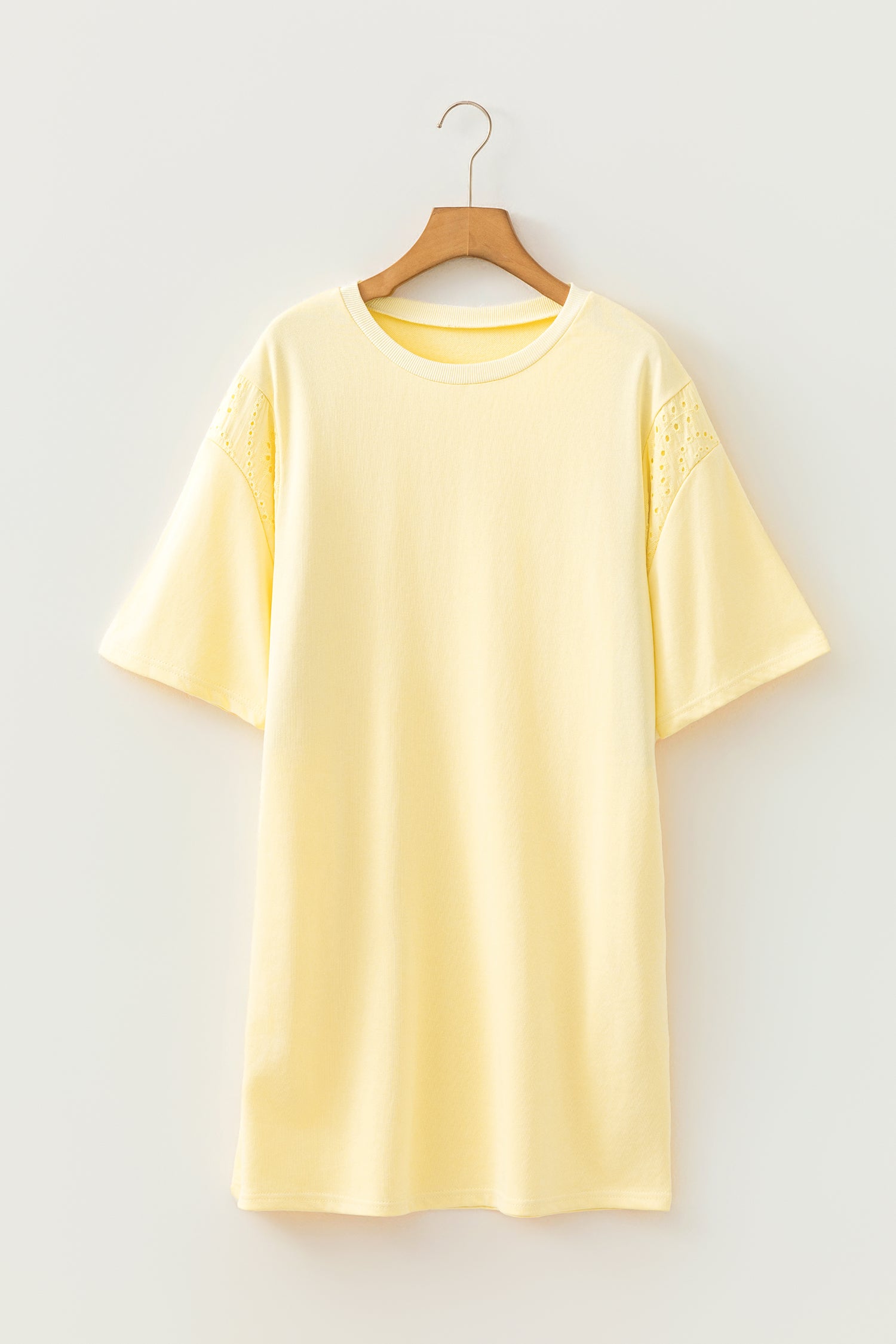Yellow Cream Eyelet Embroidered Lace Splicing Sleeve Loose T Shirt Dress-TOPS / DRESSES-[Adult]-[Female]-2022 Online Blue Zone Planet