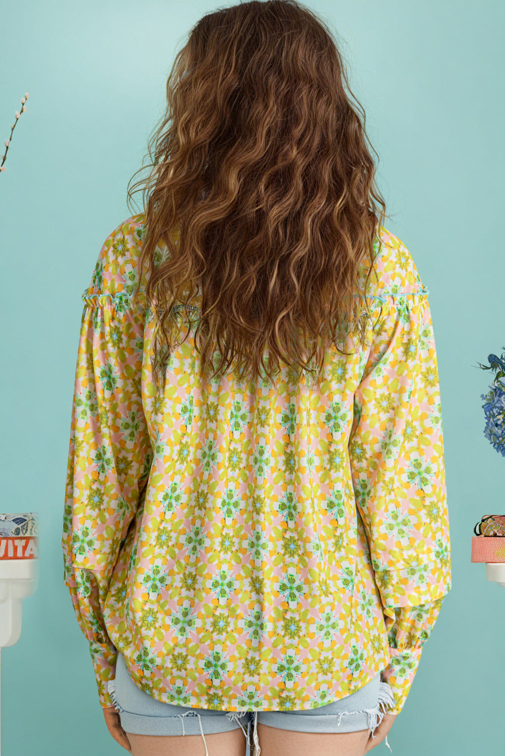 Blue Zone Planet |  Green Boho Floral Print Frilly Detail Puff Sleeve Shirt