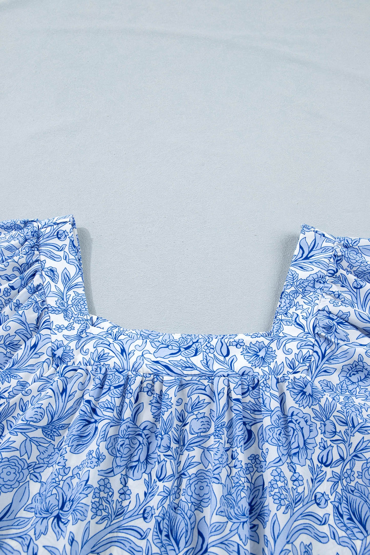 Sky Blue Square Neck Short Puff Sleeve Pleated Floral Blouse