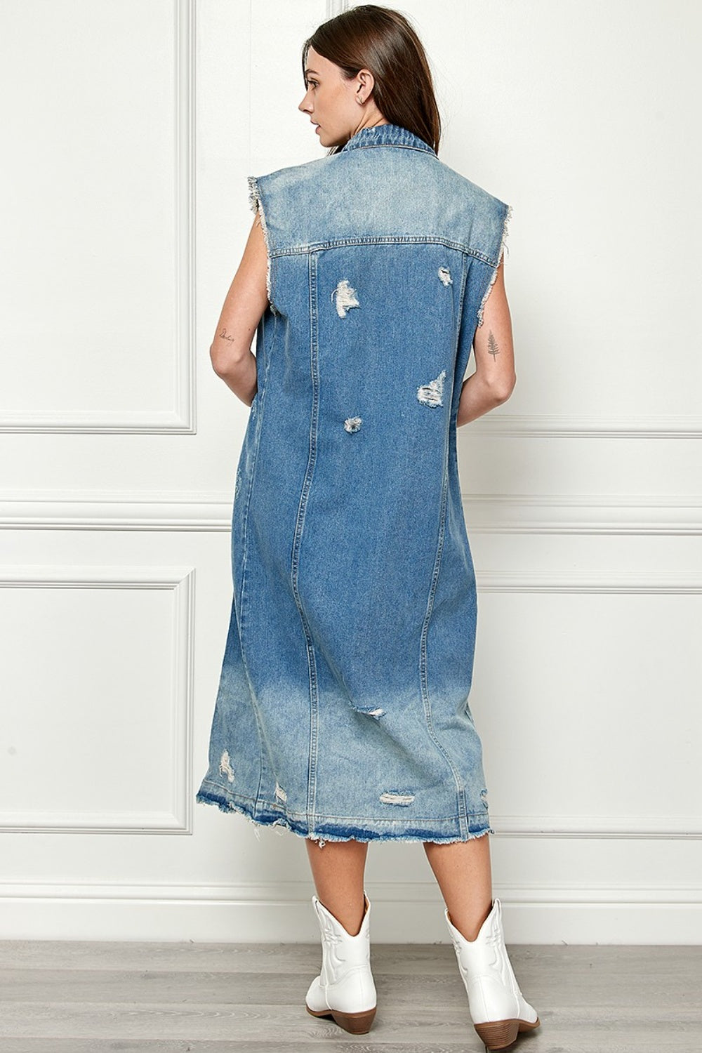 Veveret Full Size Distressed Sleeveless Longline Denim Jacket-TOPS / DRESSES-[Adult]-[Female]-2022 Online Blue Zone Planet