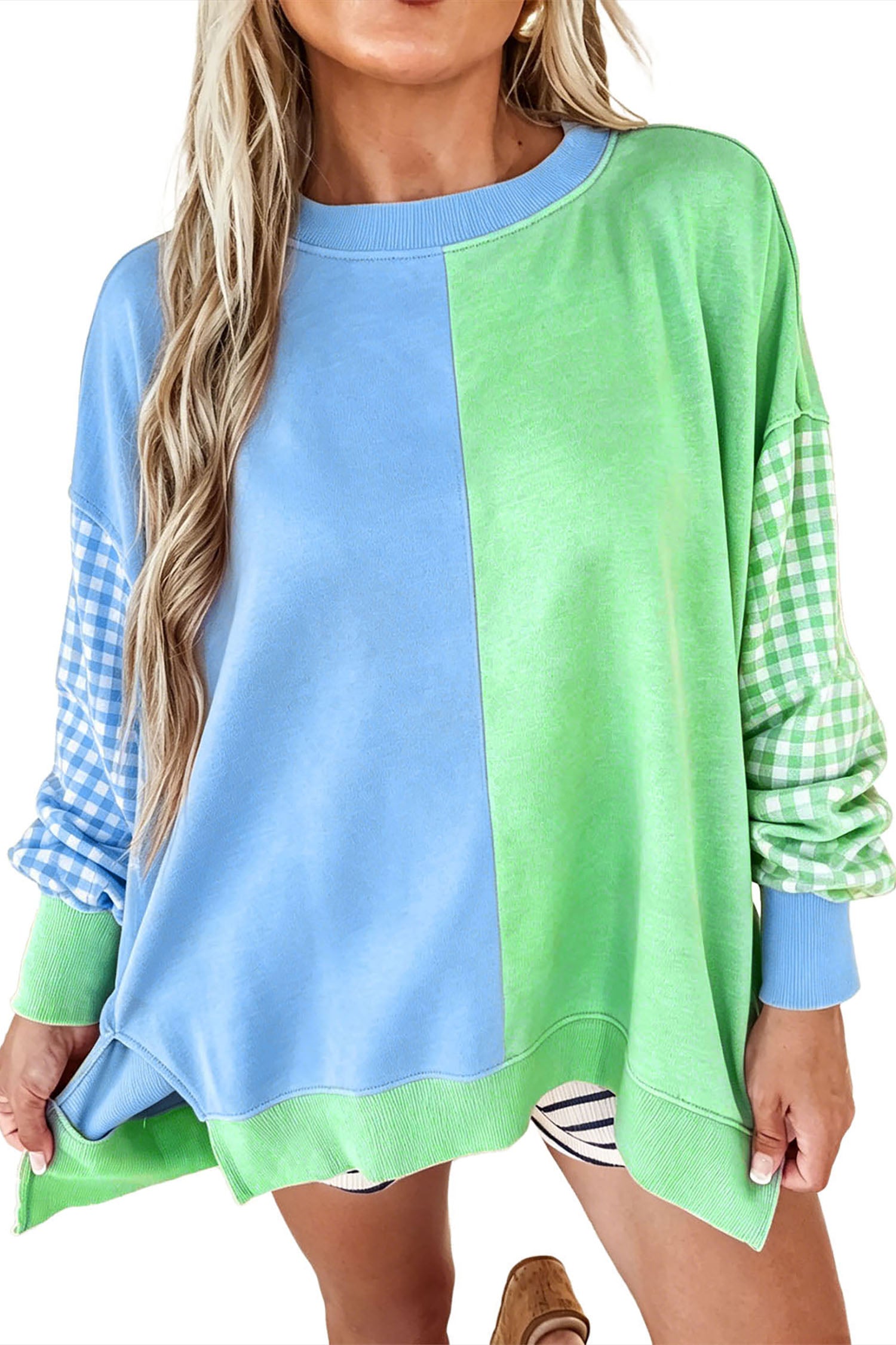 Light Blue Colorblock Gingham Sleeve Crewneck Sweatshirt-Tops/Sweatshirts & Hoodies-[Adult]-[Female]-2022 Online Blue Zone Planet