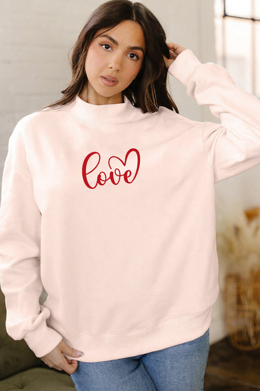 Apricot Pink Mock Neck Love Letter Embroidered Valentines Day Sweatshirt-Graphic Sweatshirts-[Adult]-[Female]-Apricot Pink-L-2022 Online Blue Zone Planet