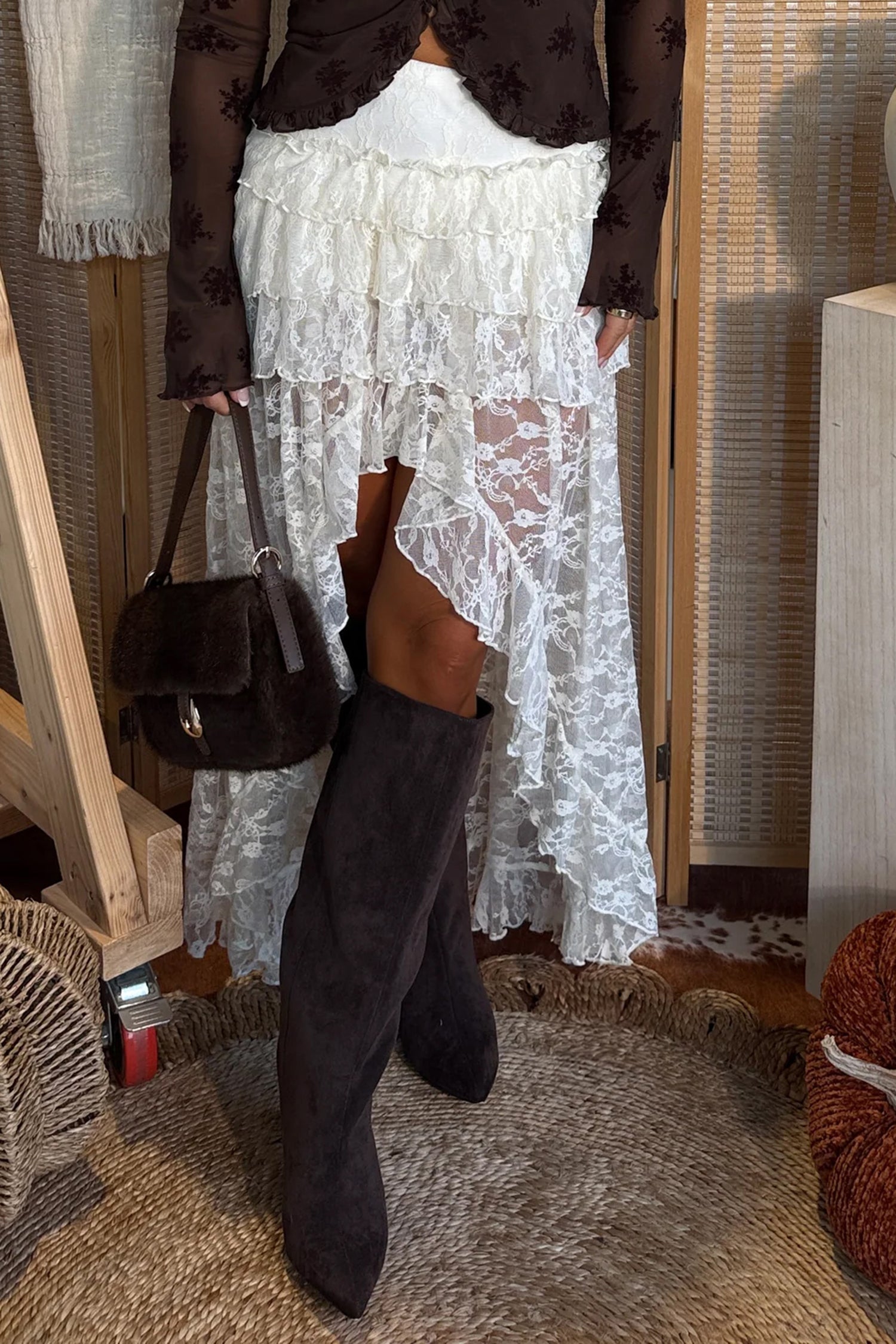 White Sheer Lace Frilly Ruffles High Low Long Skirt-Bottoms/Skirts & Petticoat-[Adult]-[Female]-2022 Online Blue Zone Planet