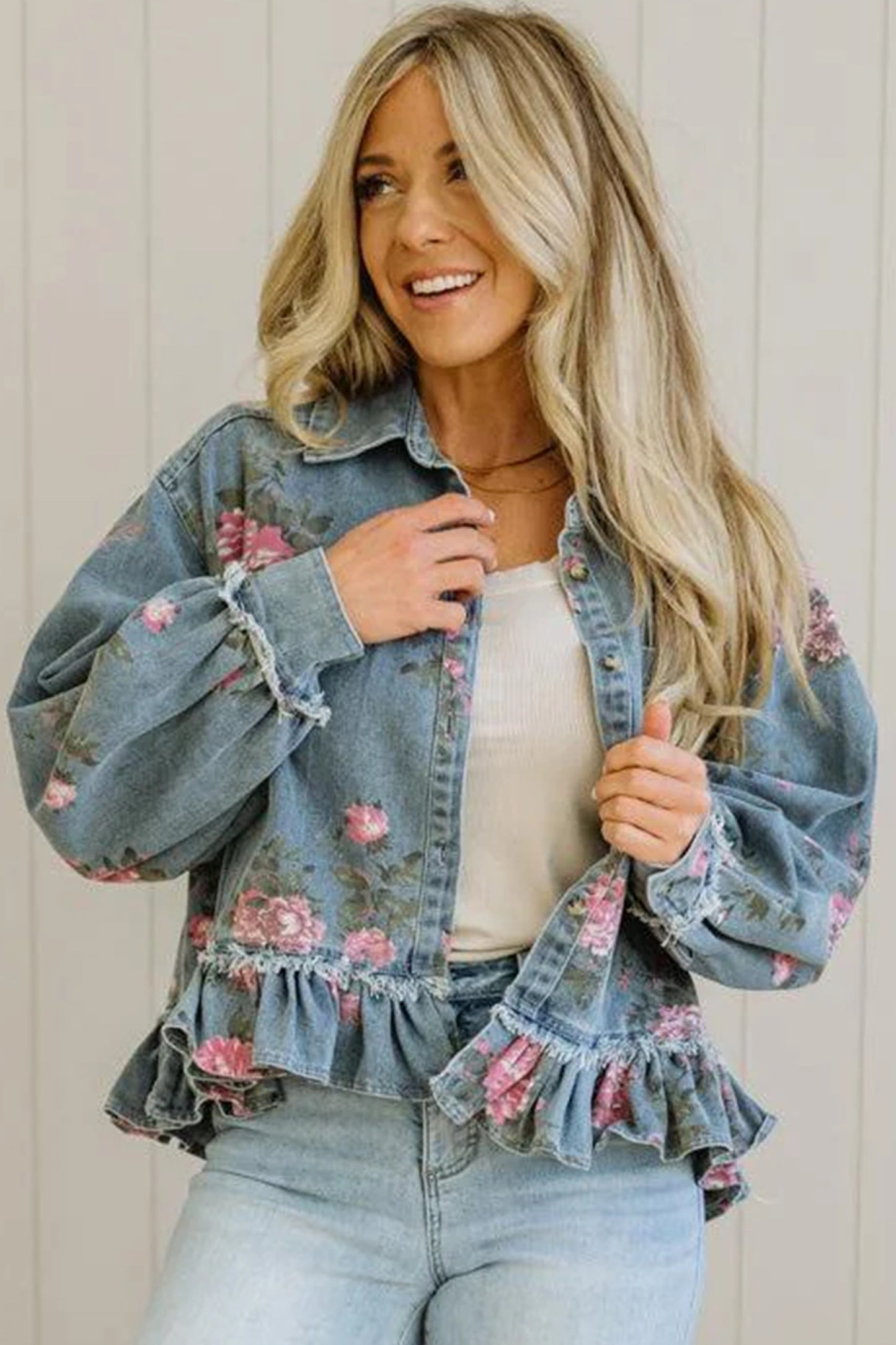 Sky Blue Floral Print Raw Seam Ruffle Hem Denim Jacket-Outerwear/Denim jackets-[Adult]-[Female]-2022 Online Blue Zone Planet