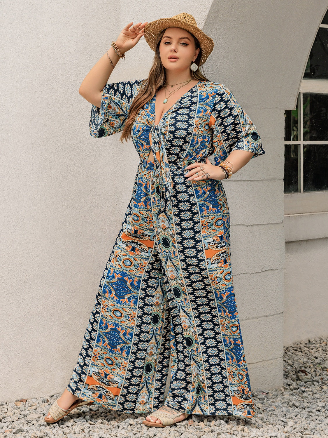 Blue Zone Planet | Plus Size Printed Half Sleeve Wide Leg Jumpsuit-TOPS / DRESSES-[Adult]-[Female]-2022 Online Blue Zone Planet