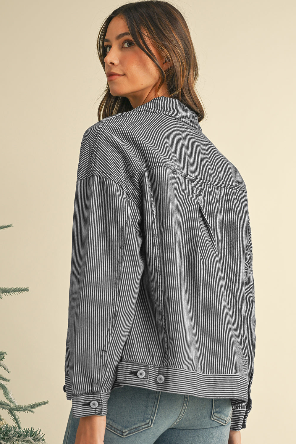 Blue Zone Planet | Sky Blue Stripe Washed Oversized Pocketed Denim Jacket-Jackets-[Adult]-[Female]-2022 Online Blue Zone Planet