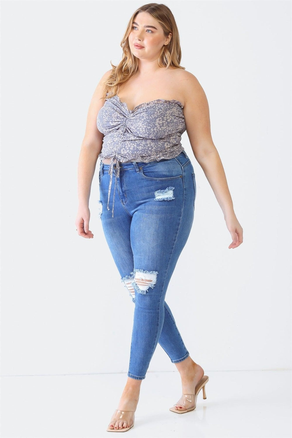 Blue Zone Planet | Zenobia Plus Size Drawstring Smocked Floral Tube Top-TOPS / DRESSES-[Adult]-[Female]-2022 Online Blue Zone Planet