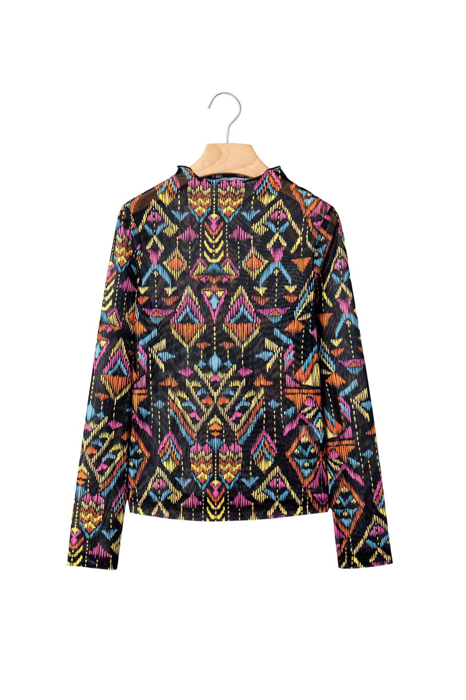 Color Black Abstract Print Long Sleeve Stand Neck Mesh Top-Tops/Long Sleeve Tops-[Adult]-[Female]-2022 Online Blue Zone Planet