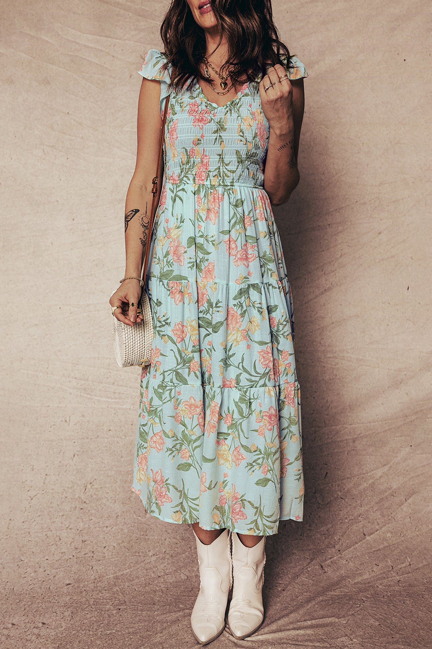 Yellow Smocked Bodice Ruffled Sleeveless Tiered Floral Maxi Dress-TOPS / DRESSES-[Adult]-[Female]-2022 Online Blue Zone Planet