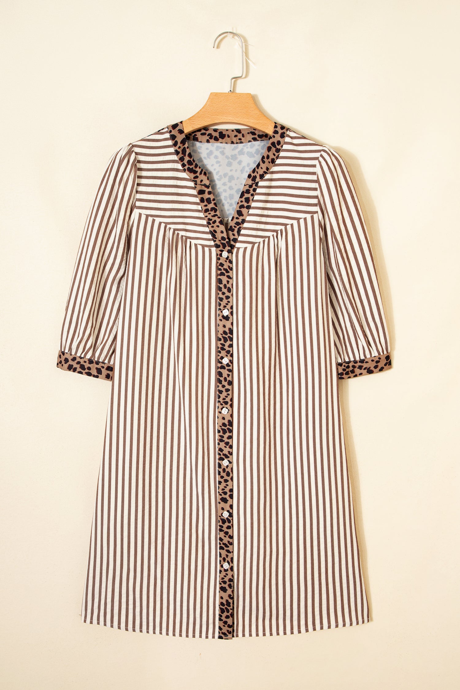 Khaki Stripe Square Button Leopard Trim Loose Bracelet Sleeve Shirt Dress-TOPS / DRESSES-[Adult]-[Female]-2022 Online Blue Zone Planet