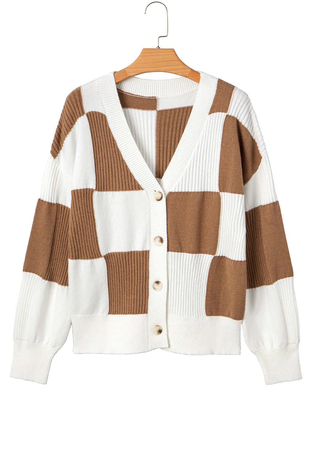 Khaki Checkered Pattern Ribbed Detail Button V Neck Sweater Cardigan-TOPS / DRESSES-[Adult]-[Female]-2022 Online Blue Zone Planet
