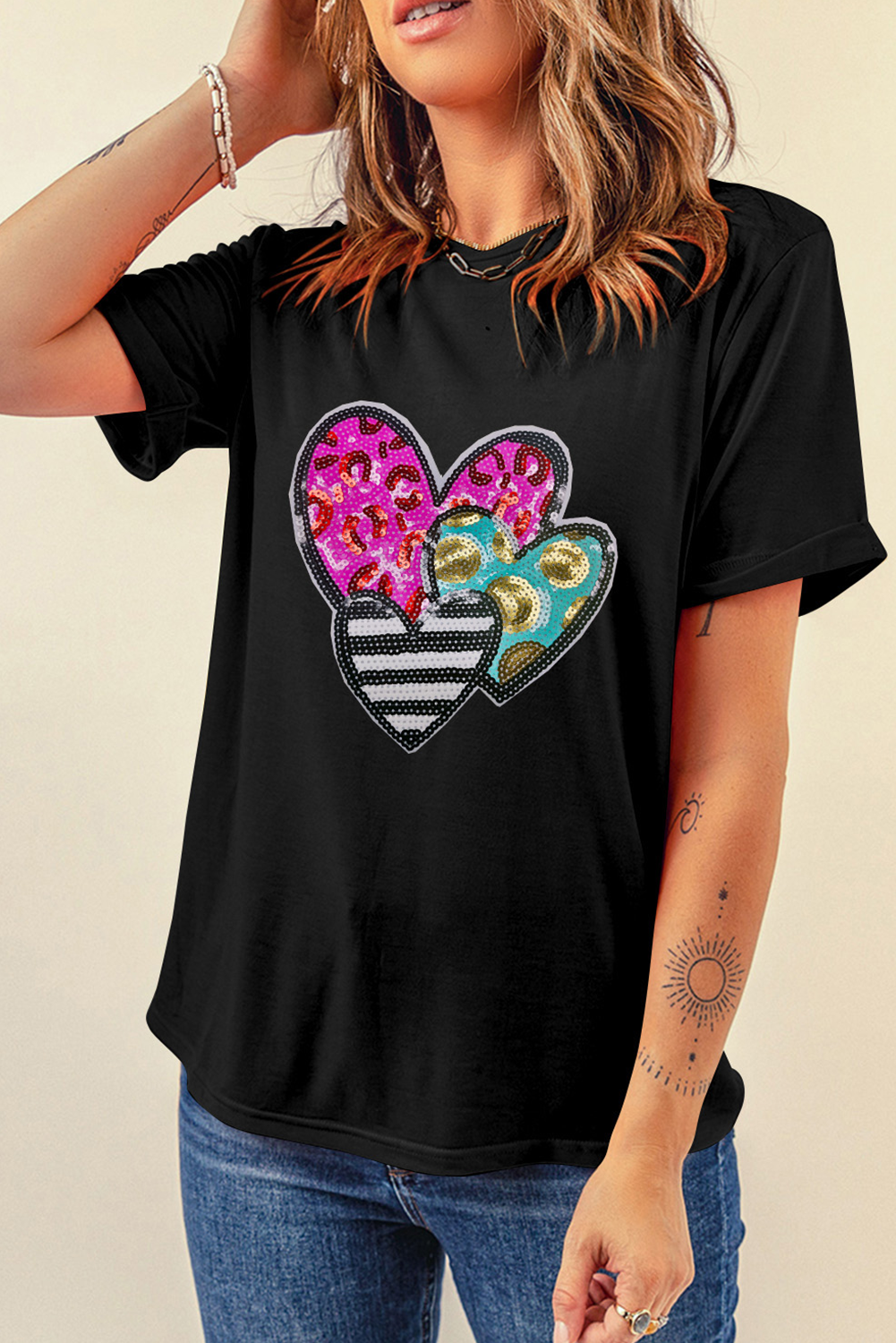 Black Sequin Heart Patched Valentines Graphic Tee-Graphic Tees-[Adult]-[Female]-2022 Online Blue Zone Planet