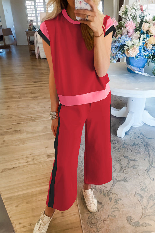 Racing Red Color Block Detail Casual Two-piece Set-Two Piece Sets/Pant Sets-[Adult]-[Female]-Racing Red-S-2022 Online Blue Zone Planet