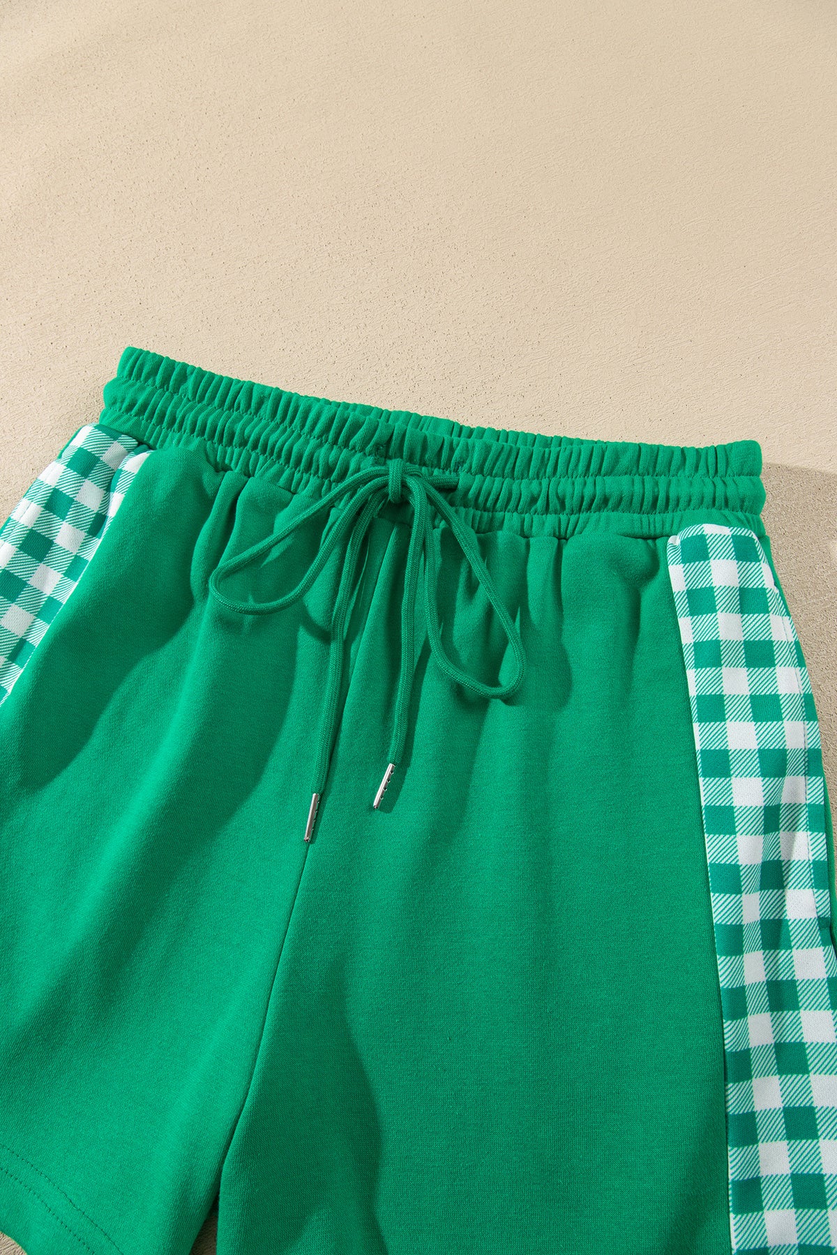 Bright Green Plaid Patchwork Half Zip Pullover Drawstring Short Set