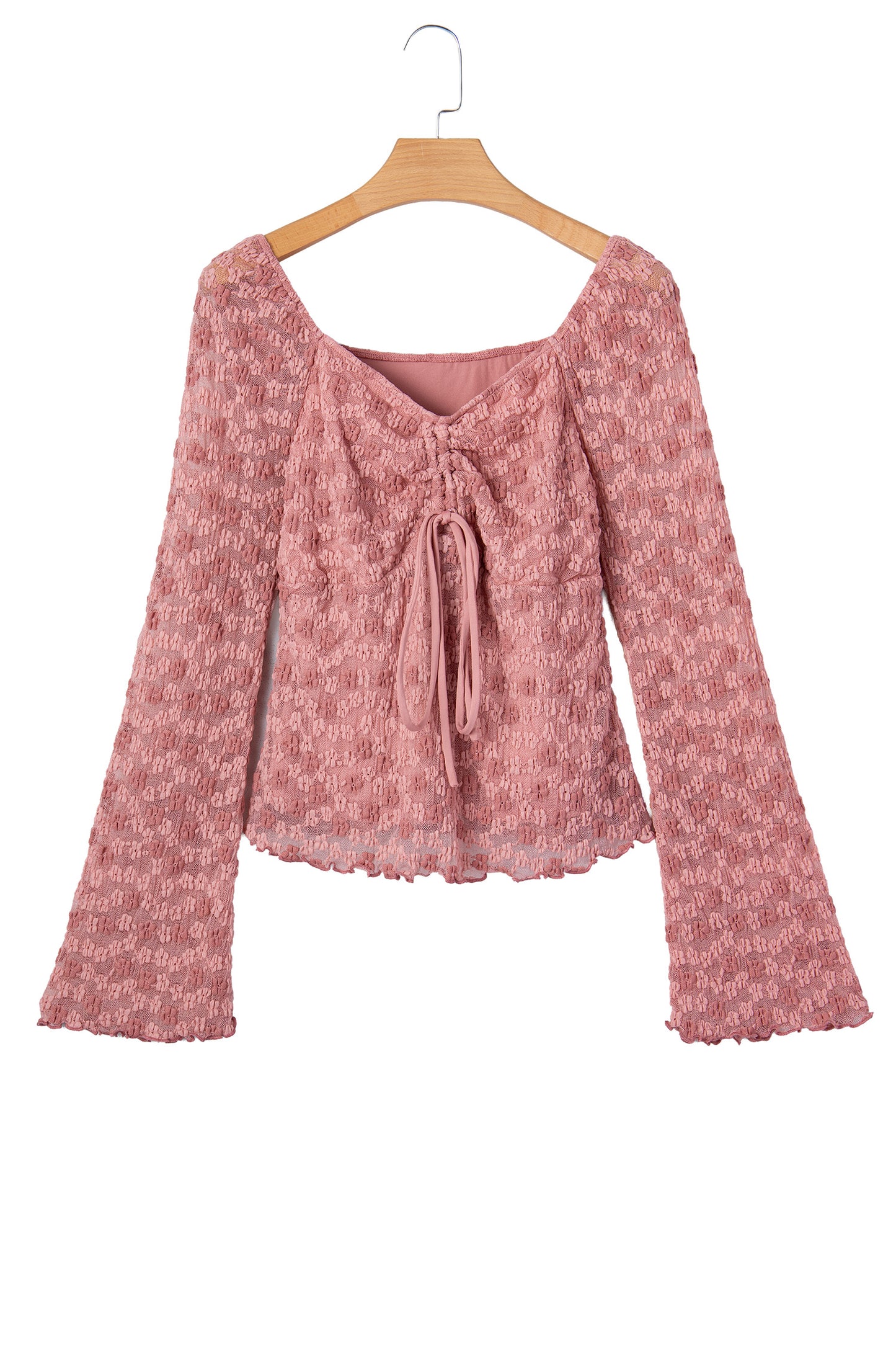 Peach Blossom Drawstring Knot Detail Floral Lace Blouse-Tops/Blouses & Shirts-[Adult]-[Female]-2022 Online Blue Zone Planet