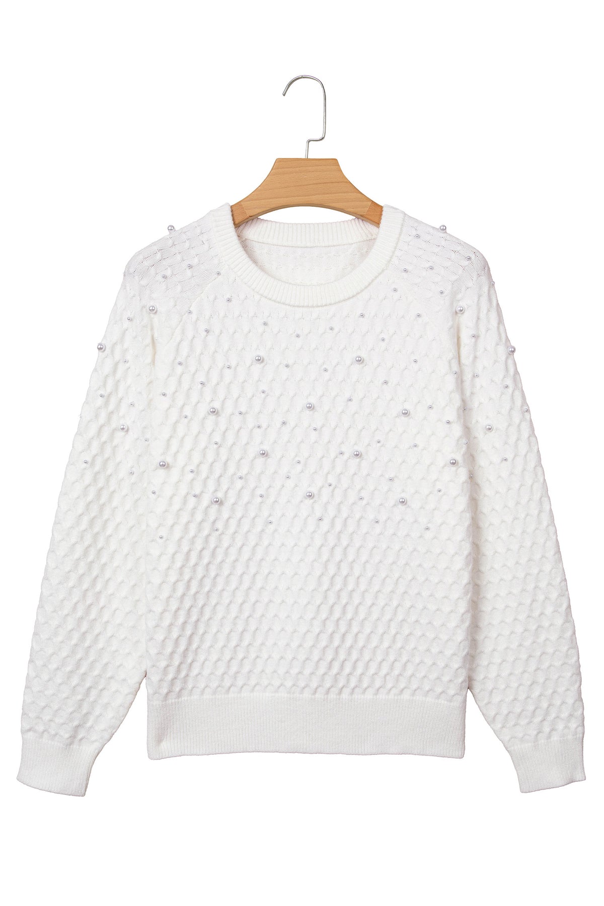 White Solid Textured Knit Pearl Embellished Pullover Sweater-TOPS / DRESSES-[Adult]-[Female]-2022 Online Blue Zone Planet