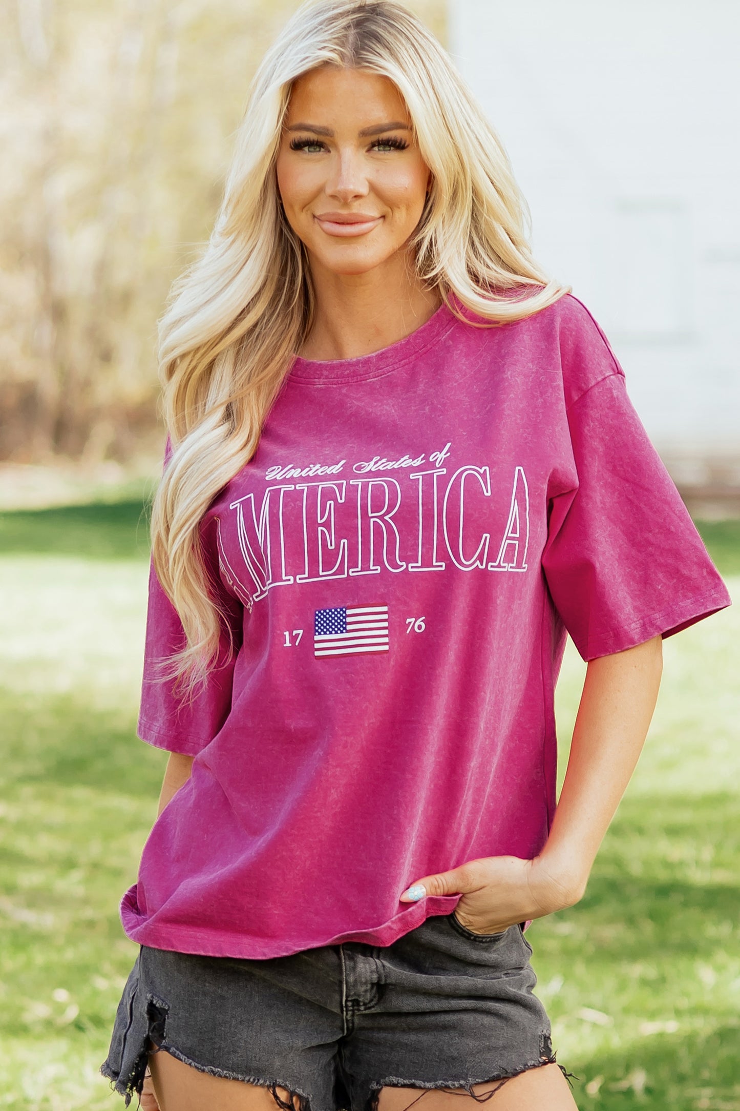 Rose Red AMERICA 1776 Graphic Mineral Wash Cotton Tee-Tops/Tops & Tees-[Adult]-[Female]-2022 Online Blue Zone Planet