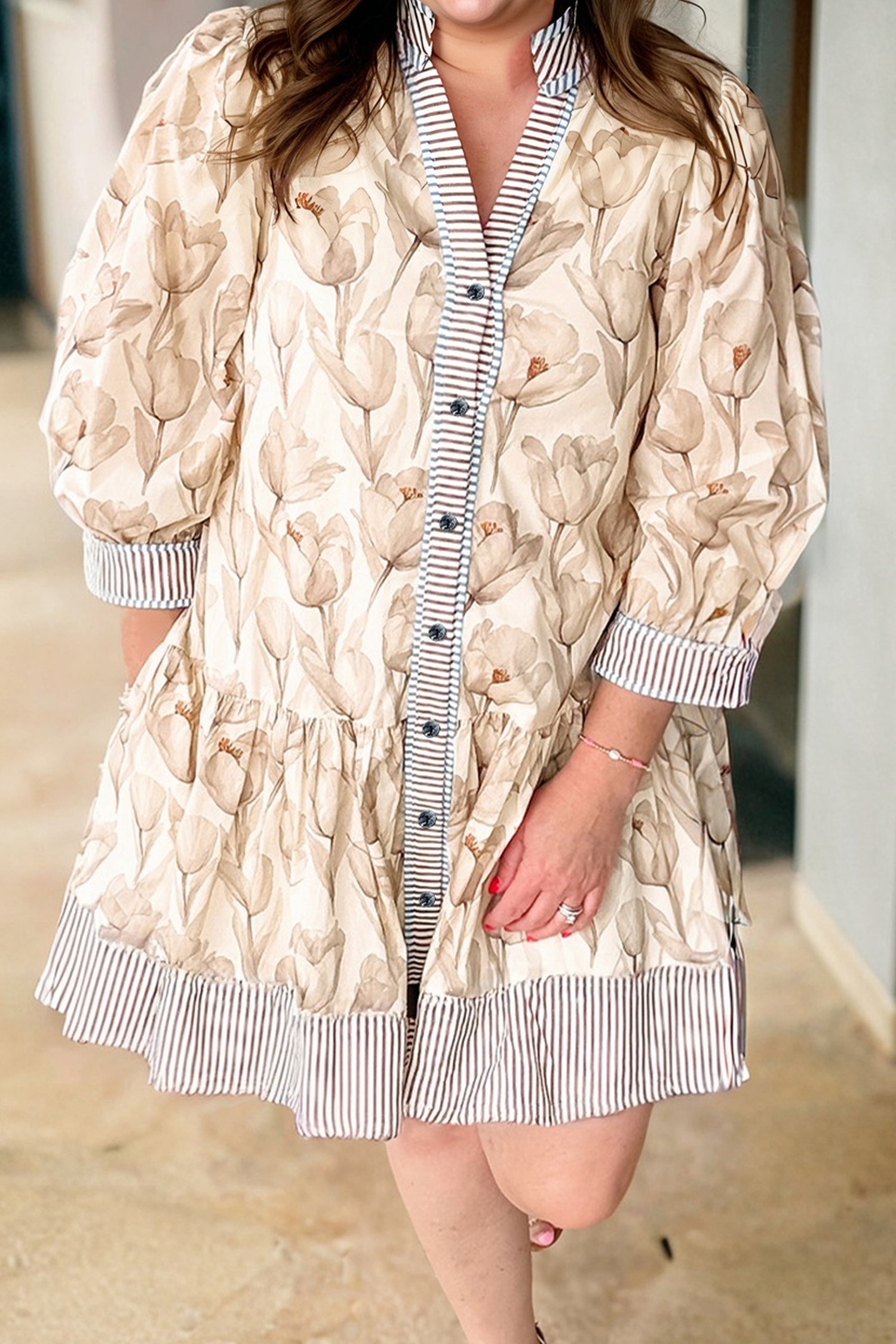 Khaki Plus Size Floral Print Striped Trim Patchwork Button Down A-line Dress-TOPS / DRESSES-[Adult]-[Female]-2022 Online Blue Zone Planet