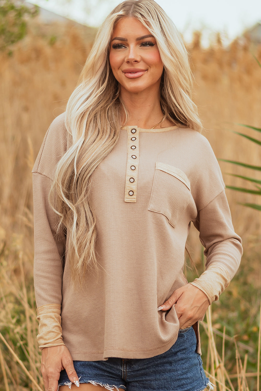 Dark Khaki Color Block Waffle Textured Tunic Henley Top With Slits-Tops/Long Sleeve Tops-[Adult]-[Female]-2022 Online Blue Zone Planet