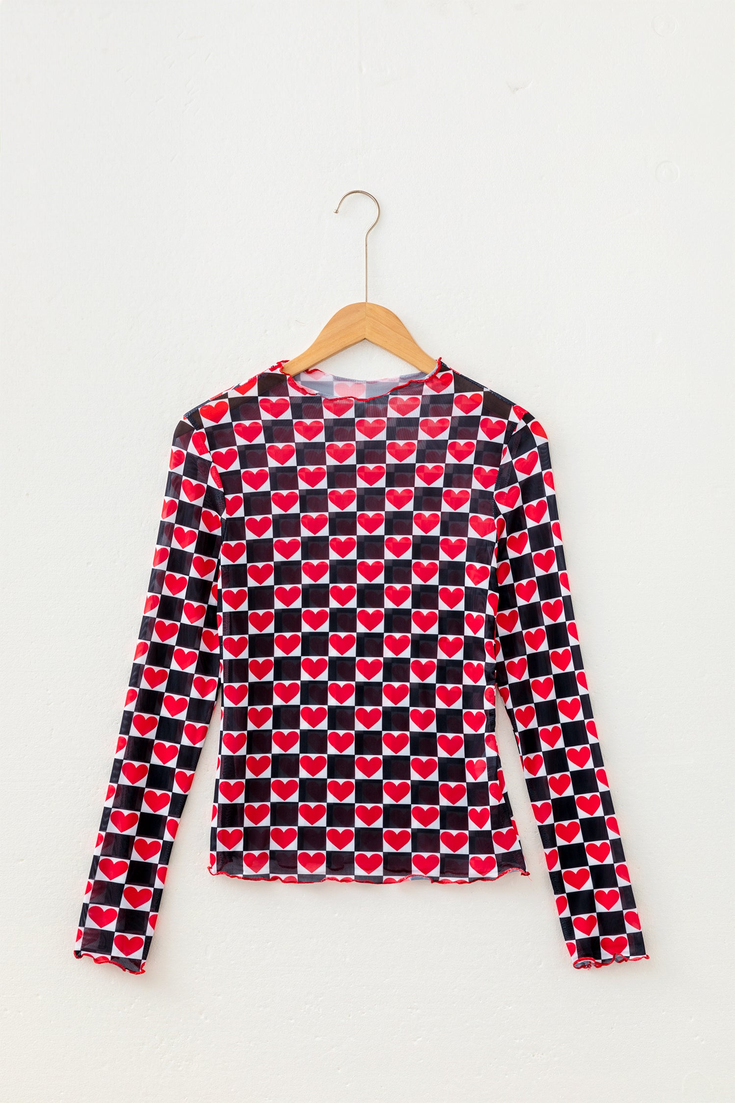 Rose Plaid Heart Mesh Sheer Long Sleeve High Neck Blouse-Tops/Long Sleeve Tops-[Adult]-[Female]-2022 Online Blue Zone Planet