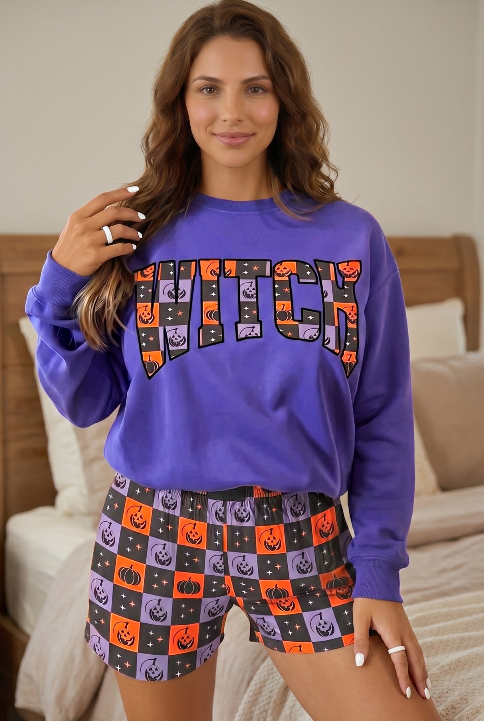 Orange Witch Letter Print Long Sleeve Top Checkered Elastic Waist Shorts Set-Two Piece Sets/Short Sets-[Adult]-[Female]-2022 Online Blue Zone Planet