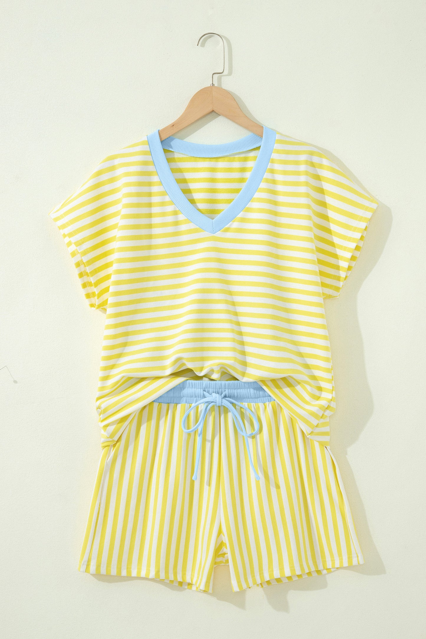 Yellow Stripe Colorblock Trim V Neck Tee Drawstring Elastic Waist Short Set-Two Piece Sets/Short Sets-[Adult]-[Female]-2022 Online Blue Zone Planet