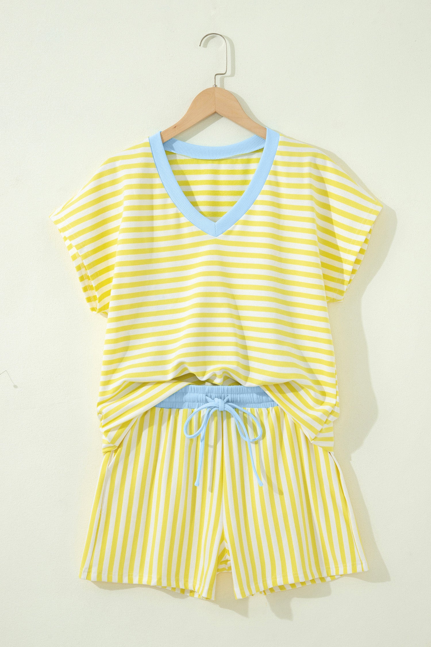 Yellow Stripe Colorblock Trim V Neck Tee Drawstring Elastic Waist Short Set-Two Piece Sets/Short Sets-[Adult]-[Female]-2022 Online Blue Zone Planet