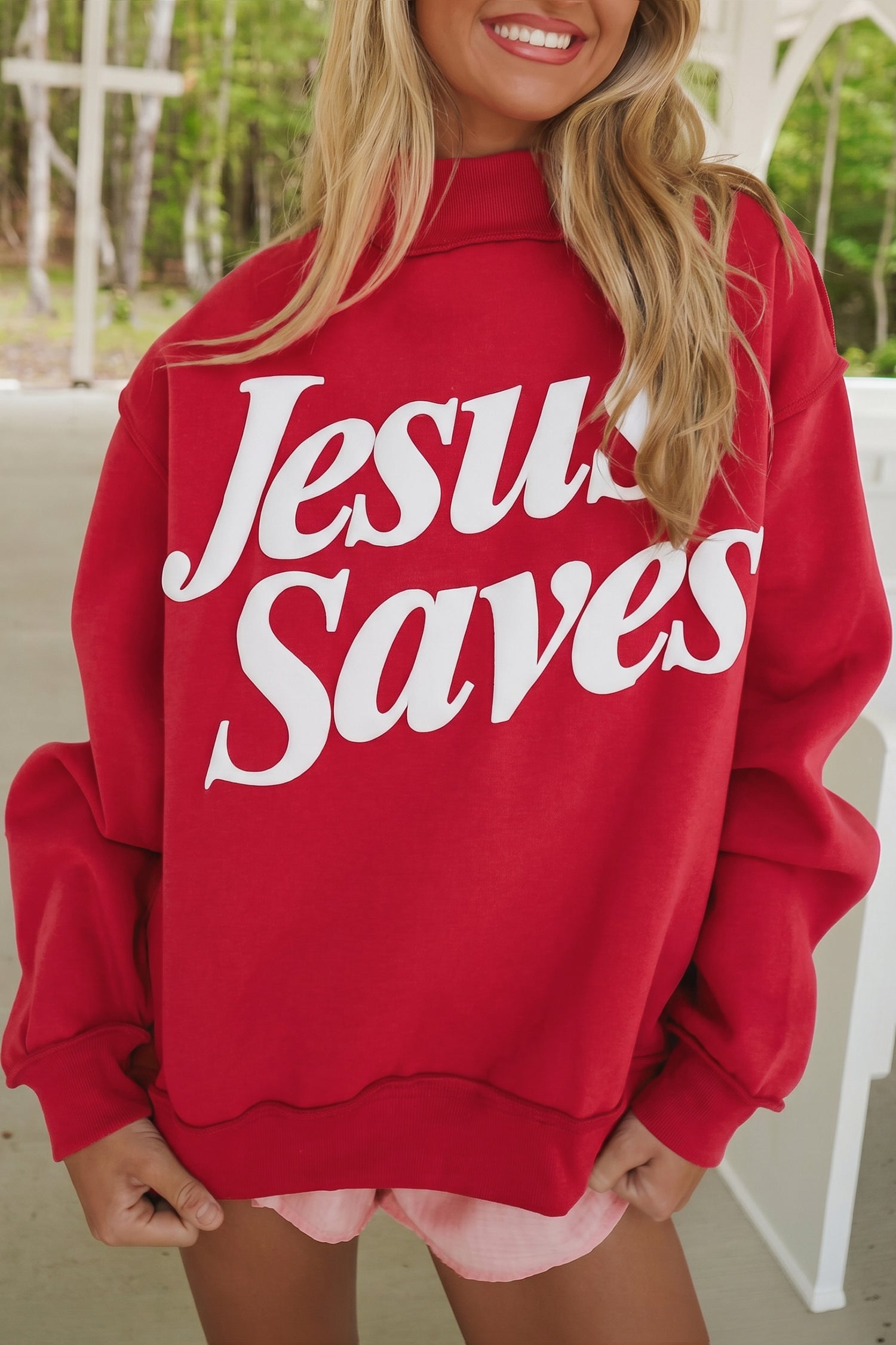 Fiery Red Jesus Saves Slogan Print Stand Neck Baggy Sweatshirt-Tops/Sweatshirts & Hoodies-[Adult]-[Female]-Fiery Red-S-2022 Online Blue Zone Planet