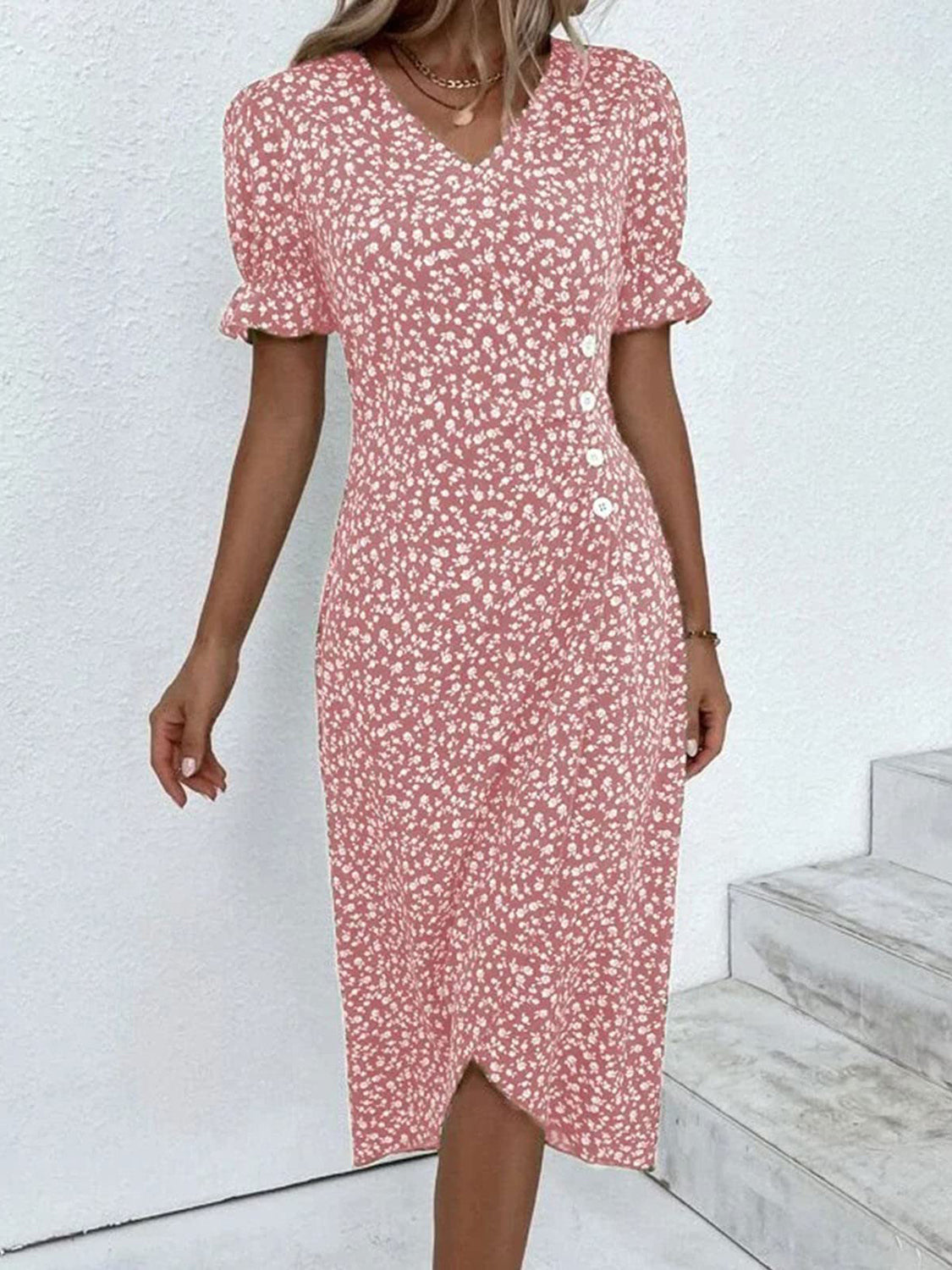 Full Size Printed Surplice Flounce Sleeve Midi Dress-TOPS / DRESSES-[Adult]-[Female]-Dusty Pink-S-2022 Online Blue Zone Planet