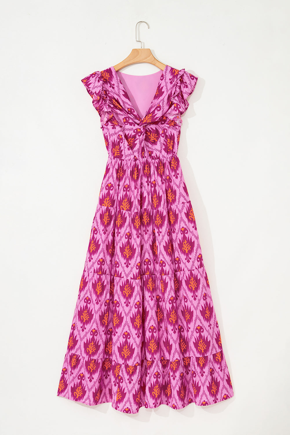 Bonbon Retro Print Twisted Front Ruffled Sleeve Maxi Dress-Dresses/Maxi Dresses-[Adult]-[Female]-2022 Online Blue Zone Planet