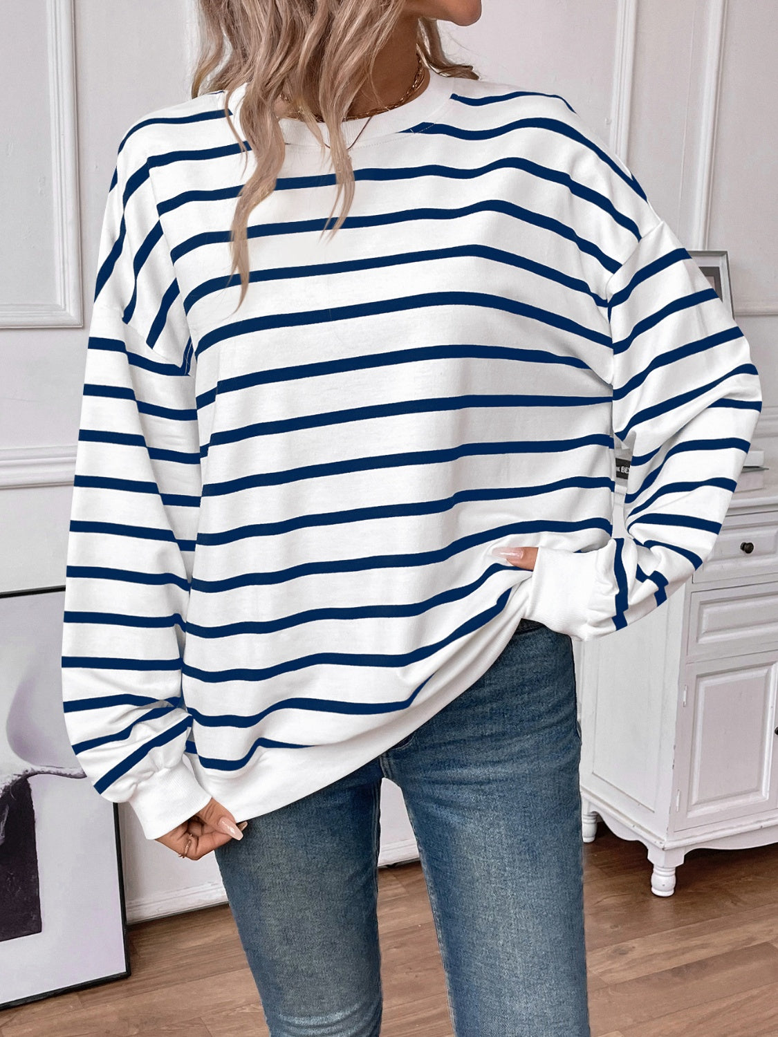 Blue Zone Planet | Lovelet Striped Round Neck Long Sleeve Sweatshirt-TOPS / DRESSES-[Adult]-[Female]-2022 Online Blue Zone Planet