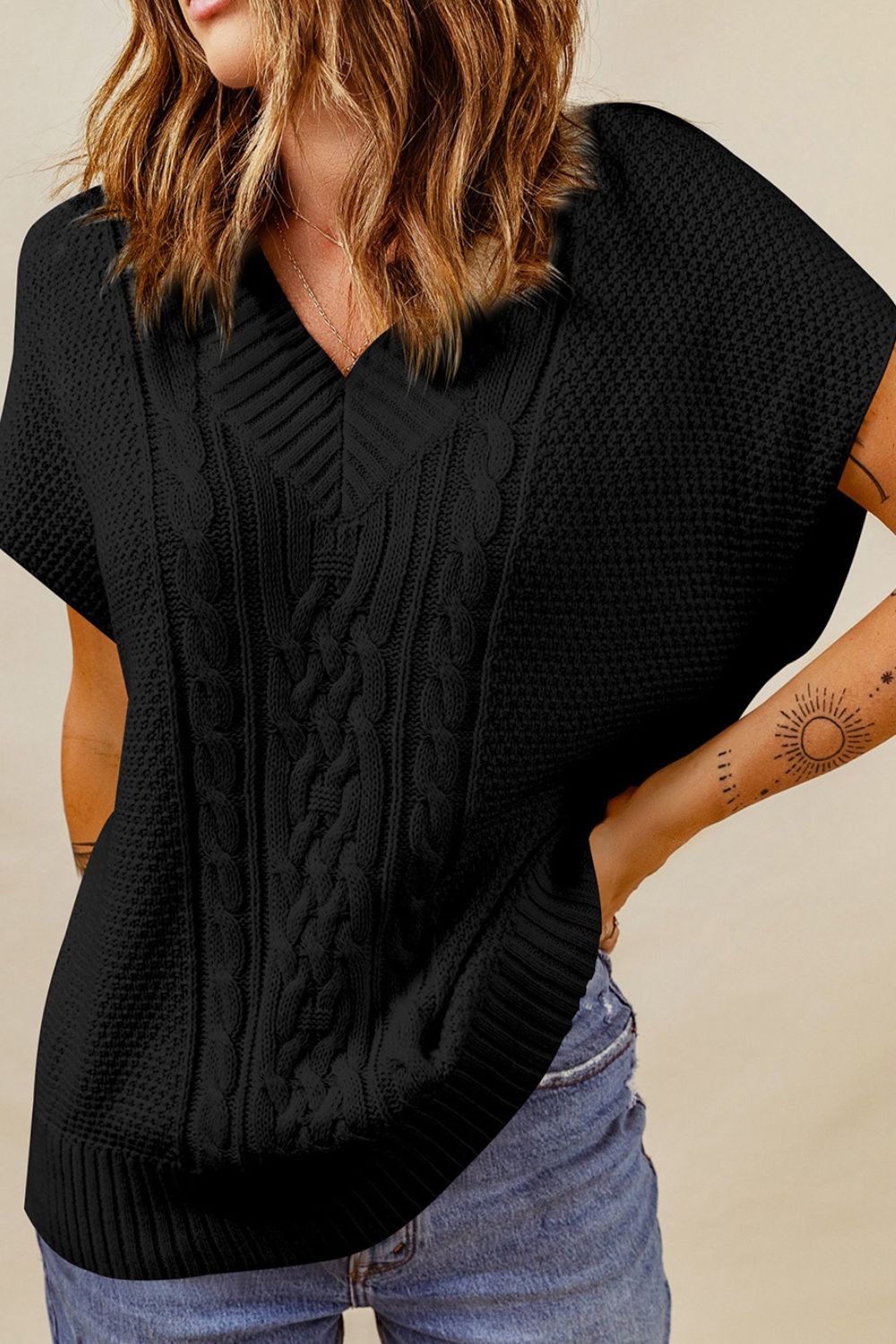 Cable-Knit V-Neck Sweater Vest-TOPS / DRESSES-[Adult]-[Female]-Black-S-2022 Online Blue Zone Planet