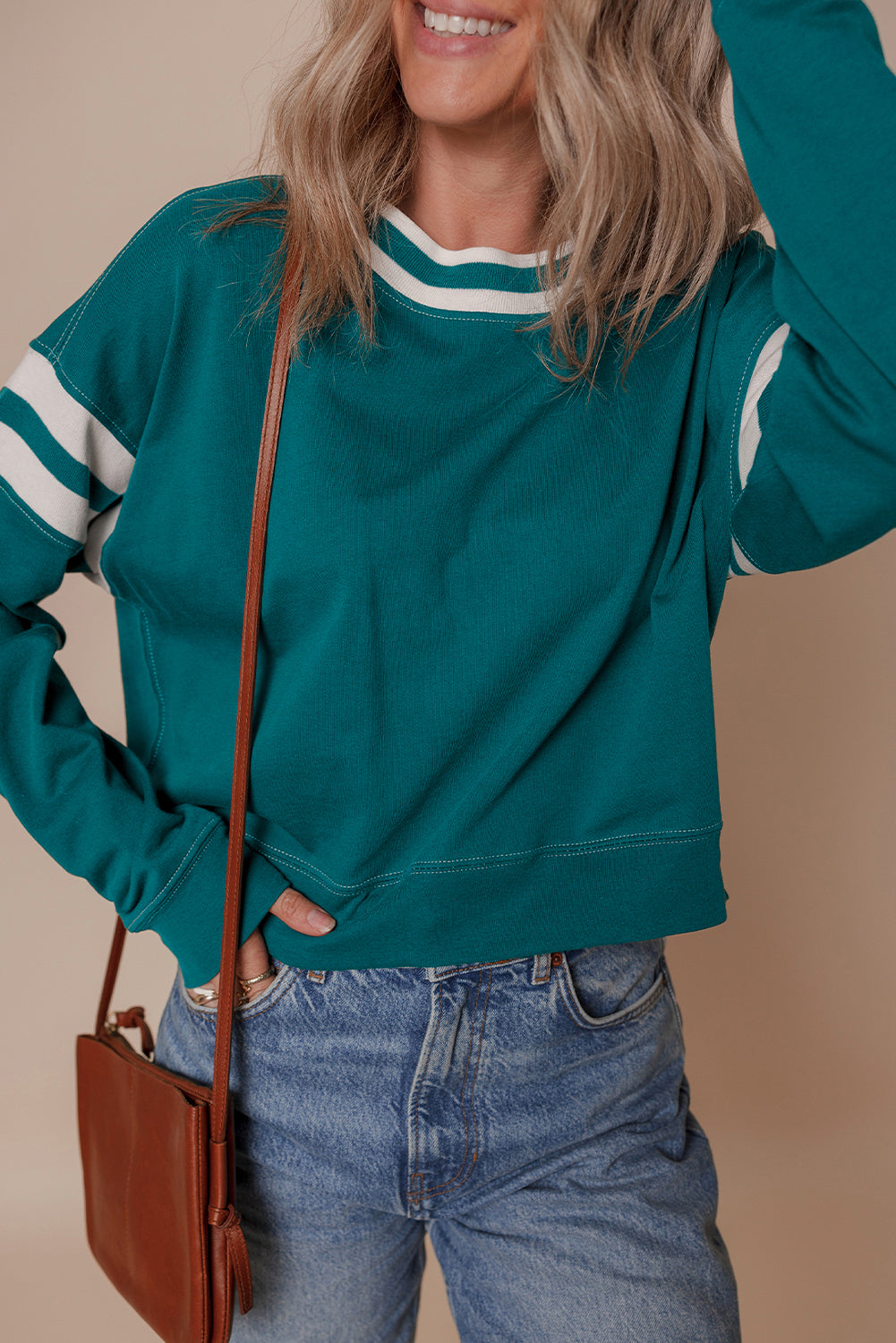 Blackish Green Contrast Striped Patchwork Round Neck Drop Shoulder Sweatshirt-Tops/Sweatshirts & Hoodies-[Adult]-[Female]-2022 Online Blue Zone Planet