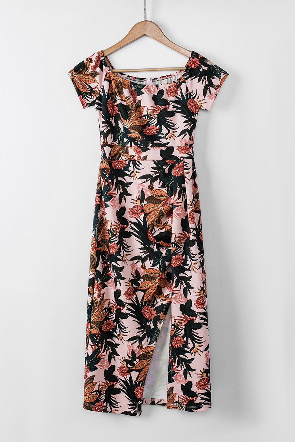 Pink Floral Print Off Shoulder Slit Bodycon Midi Dress Blue Zone Planet