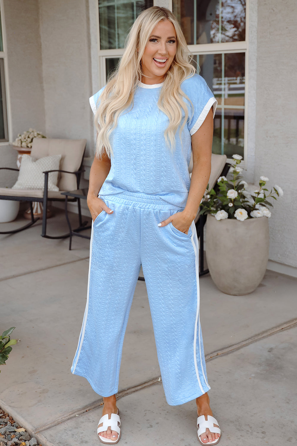 Blue Zone Planet | Beau Blue Textured Colorblock Edge Tank Top High Waist Pants Set-Two Piece Sets/Pant Sets-[Adult]-[Female]-2022 Online Blue Zone Planet