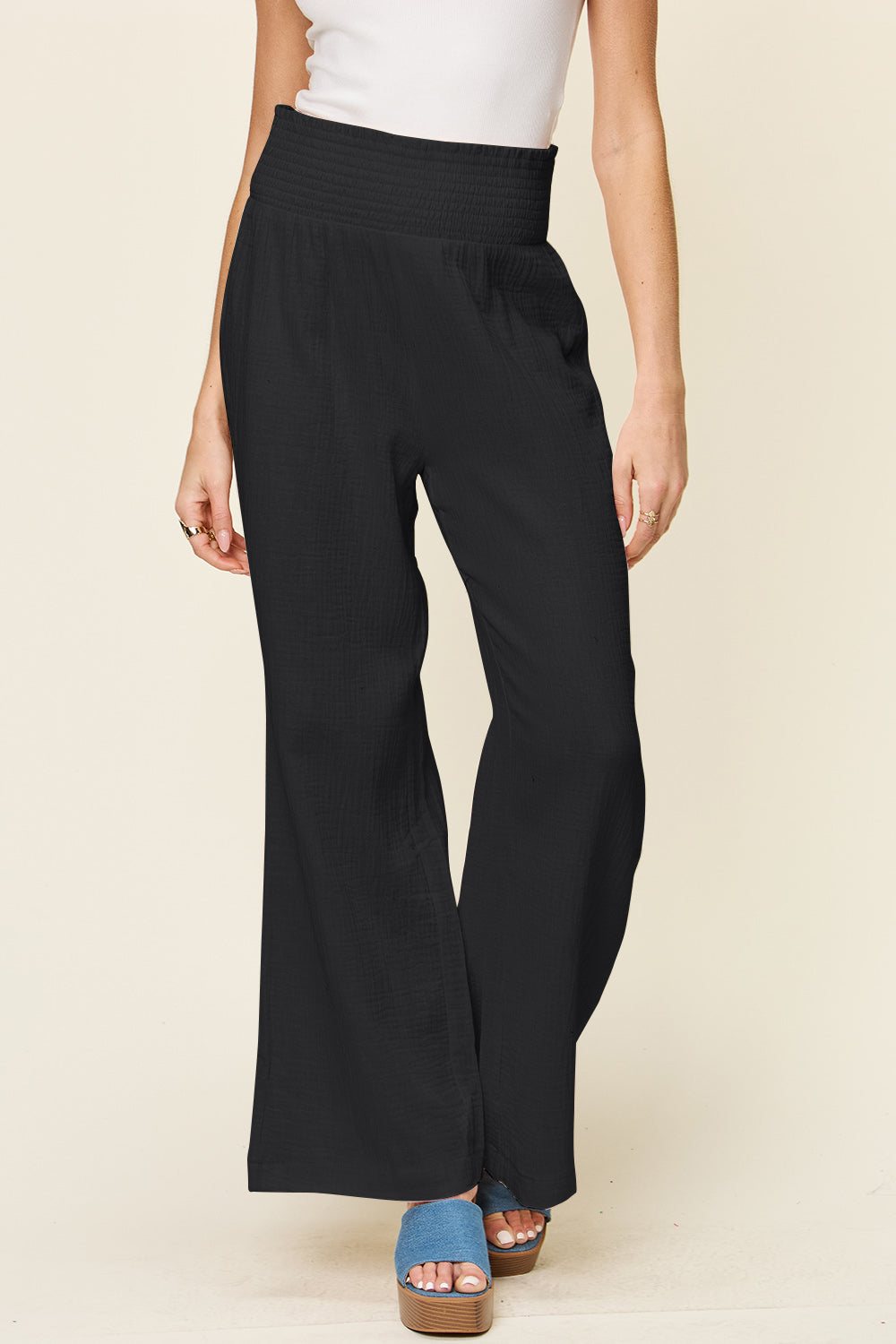 Double Take Full Size Texture Smocked Waist Wide Leg Pants-BOTTOMS SIZES SMALL MEDIUM LARGE-[Adult]-[Female]-2022 Online Blue Zone Planet