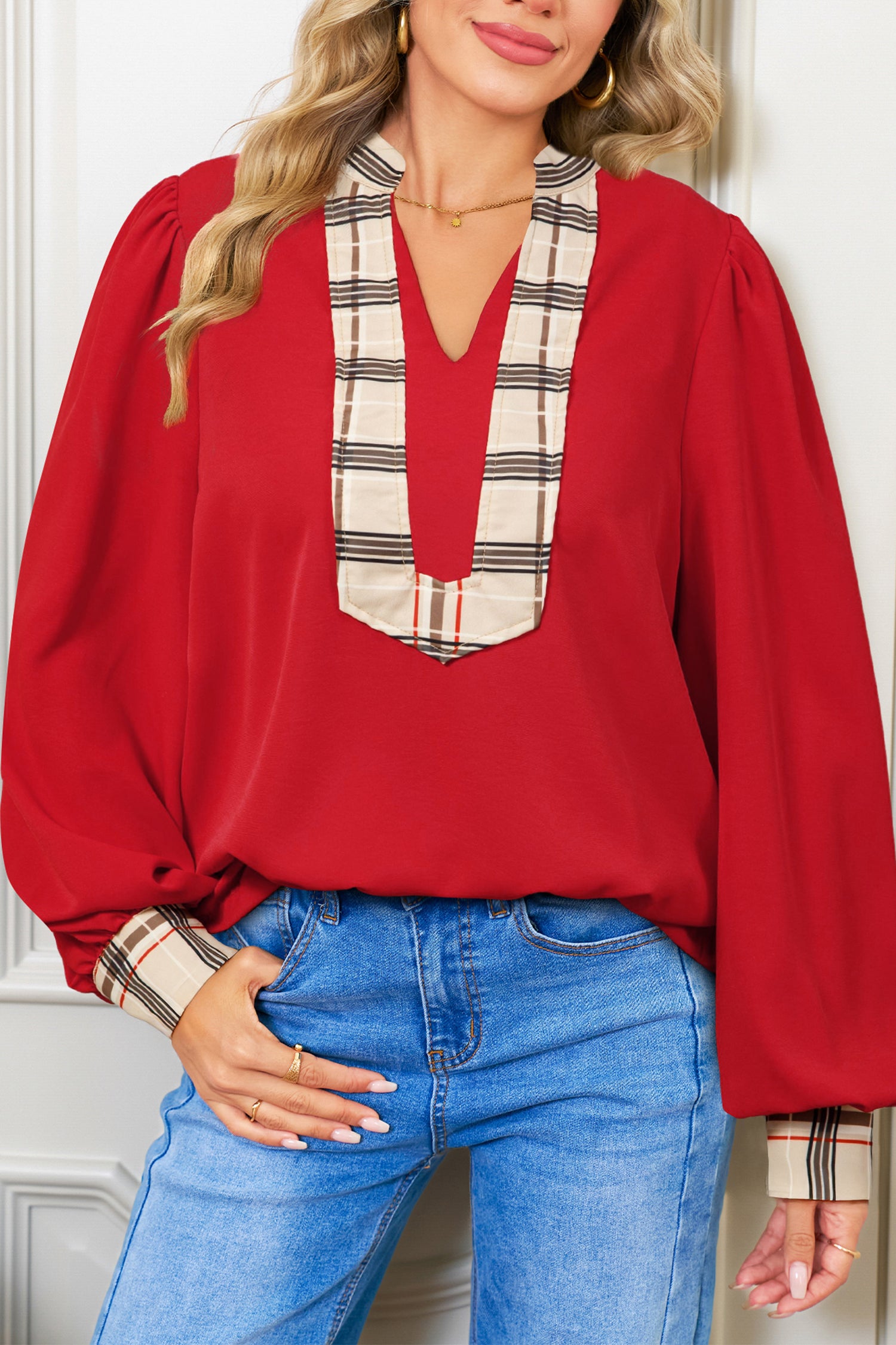 Racing Red Contrast Plaid Patchwork V Neck Long Sleeve Blouse-Tops/Blouses & Shirts-[Adult]-[Female]-2022 Online Blue Zone Planet