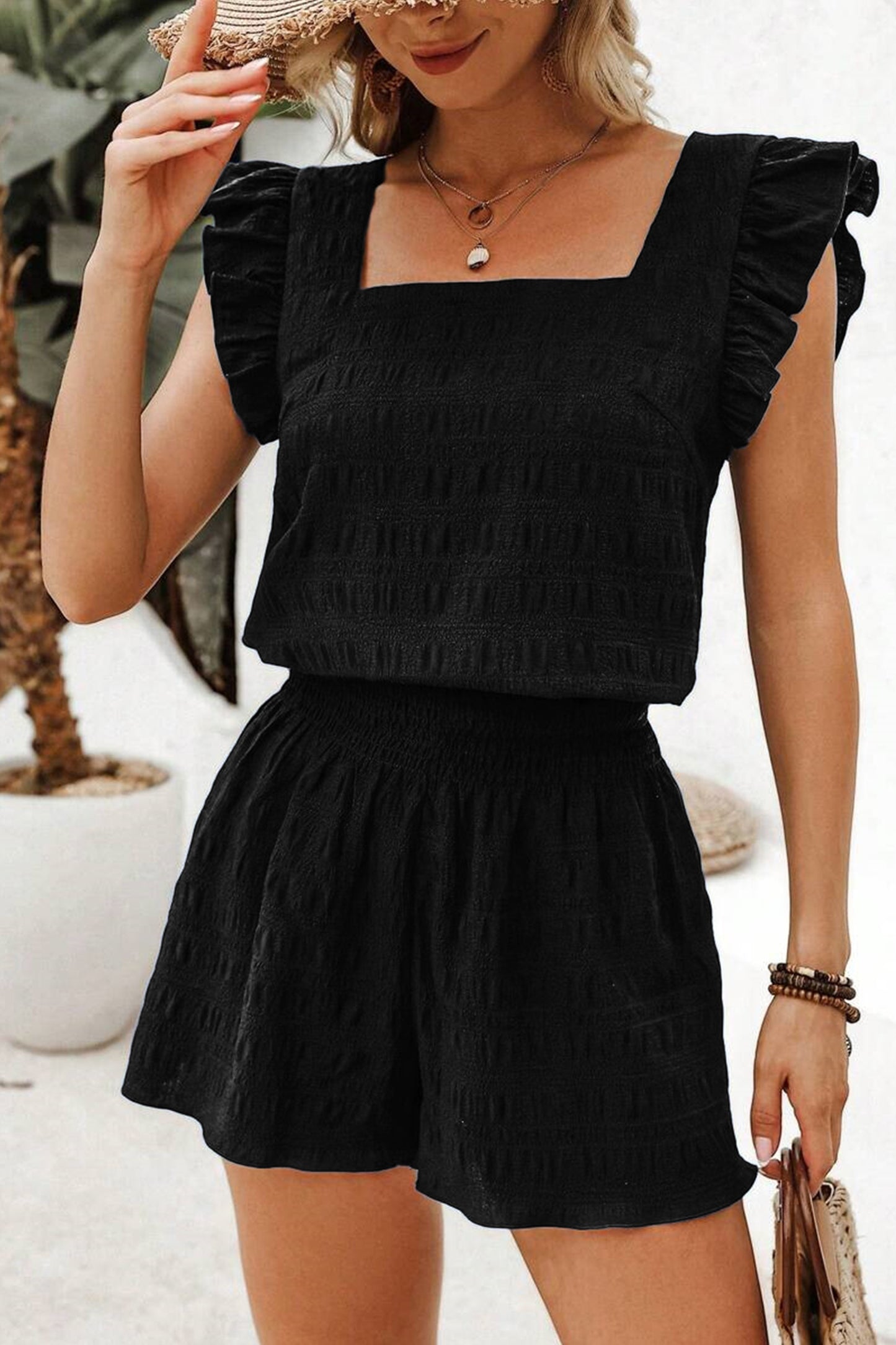 Black Textured Square Neck Top and Shirred High Waist Shorts Set-Two Piece Sets/Short Sets-[Adult]-[Female]-Black-S-2022 Online Blue Zone Planet