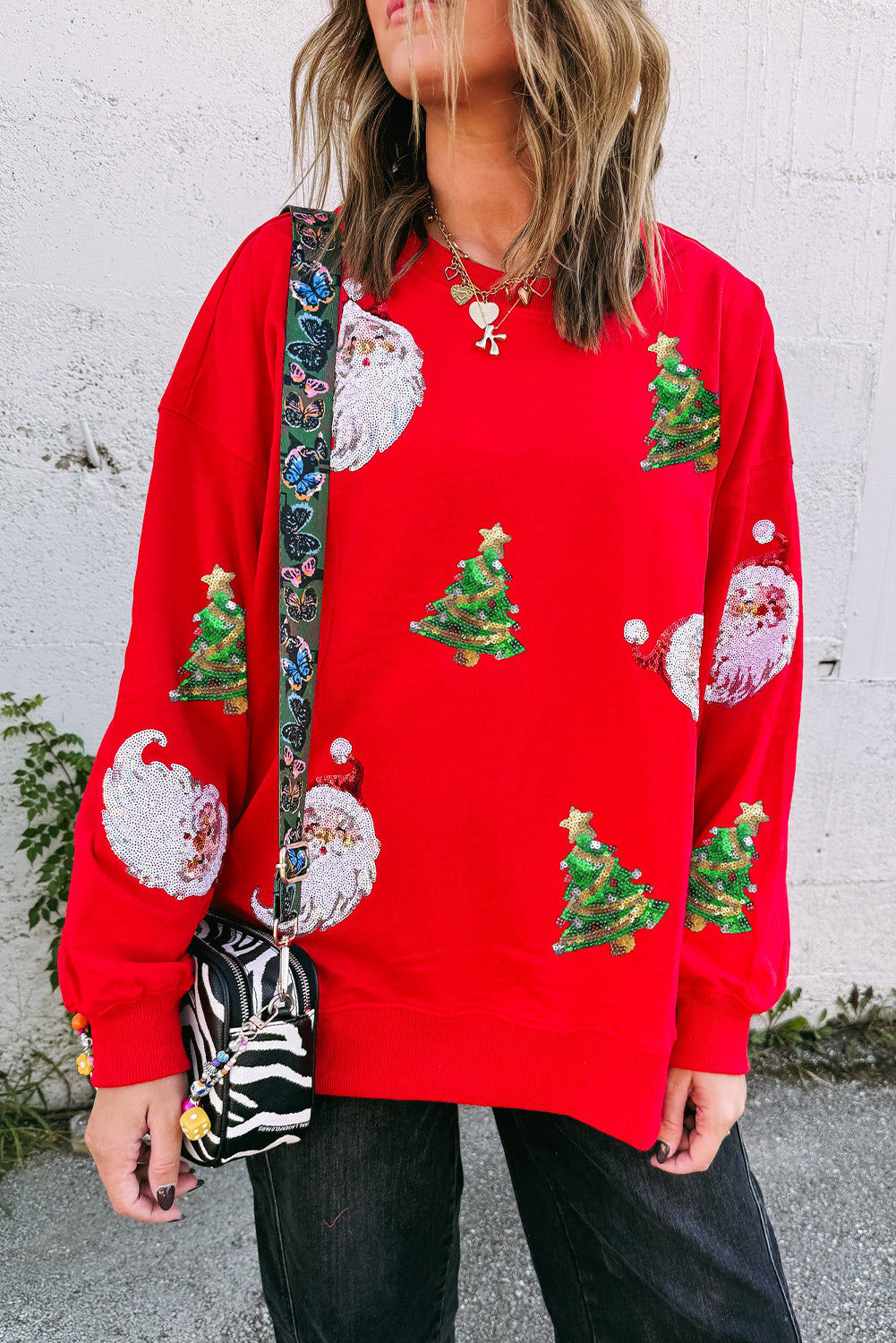 Red Santa Claus Christmas Tree Patched Pattern Drop Shoulder Sweatshirt-Graphic/Graphic Sweatshirts-[Adult]-[Female]-Red-S-2022 Online Blue Zone Planet