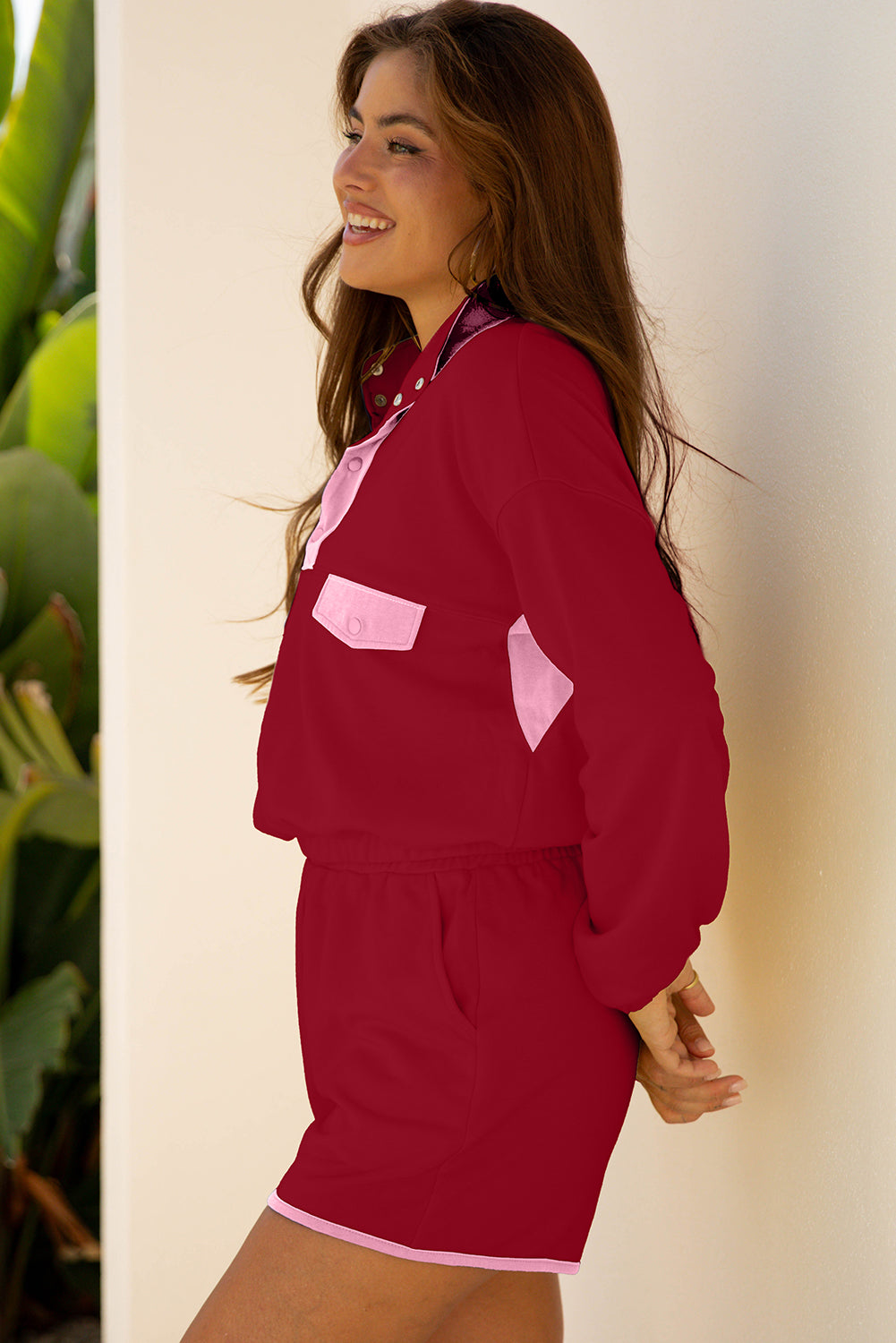 Red Dahlia Color Block Patchwork Half Button Pullover and Shorts 2pcs Outfit-Two Piece Sets/Short Sets-[Adult]-[Female]-2022 Online Blue Zone Planet