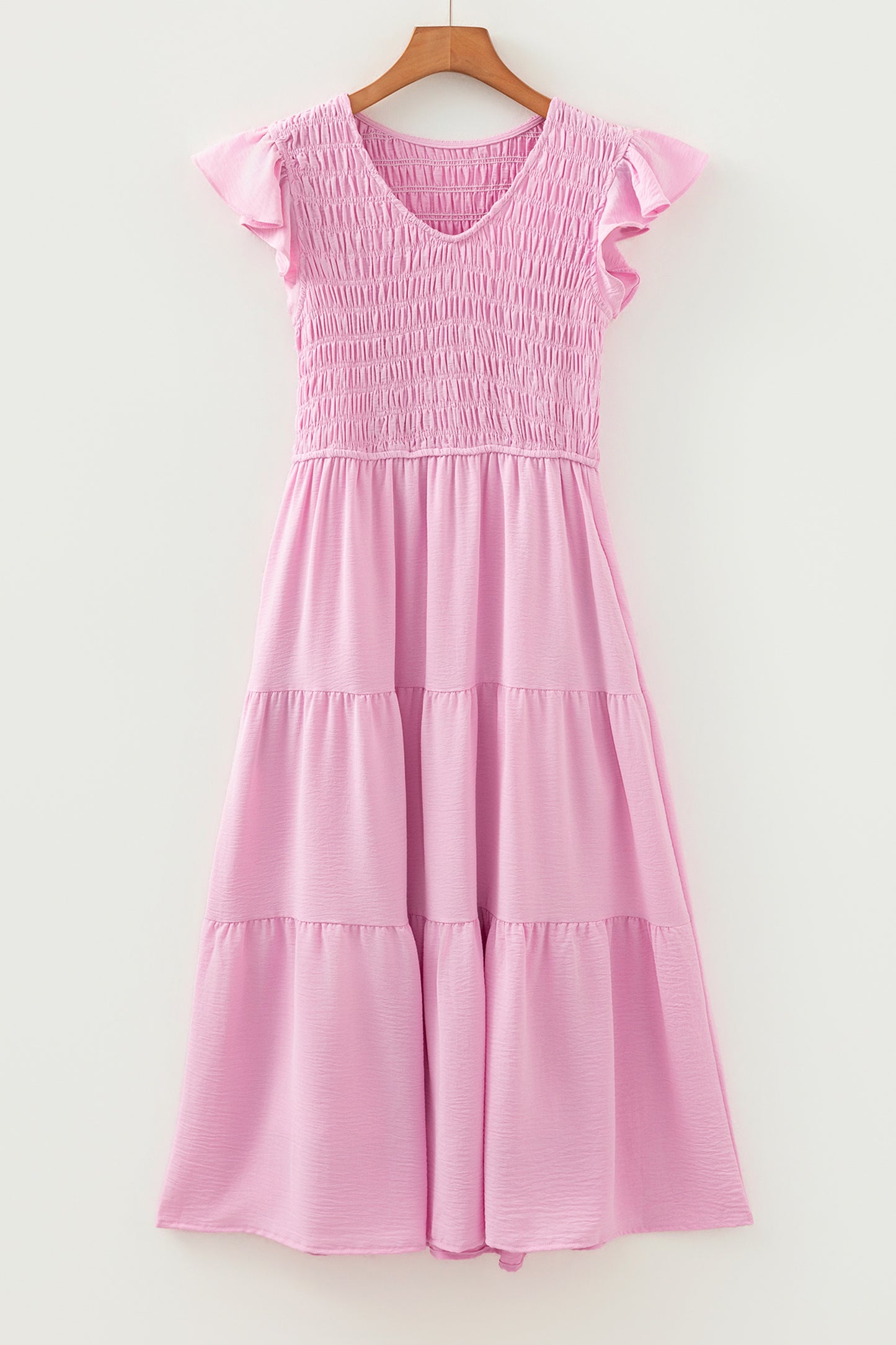 Smocked V-Neck Flutter Sleeve Tiered Midi Dress Pink / XL Smocked V-Neck Flutter Sleeve Tiered Midi Dress Pink / XL