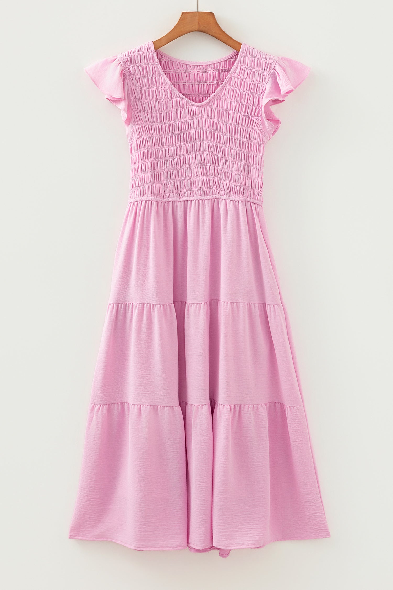 Pink Smocked Bodice Flutter Sleeve Fit Flare Tiered Midi Dress-TOPS / DRESSES-[Adult]-[Female]-2022 Online Blue Zone Planet