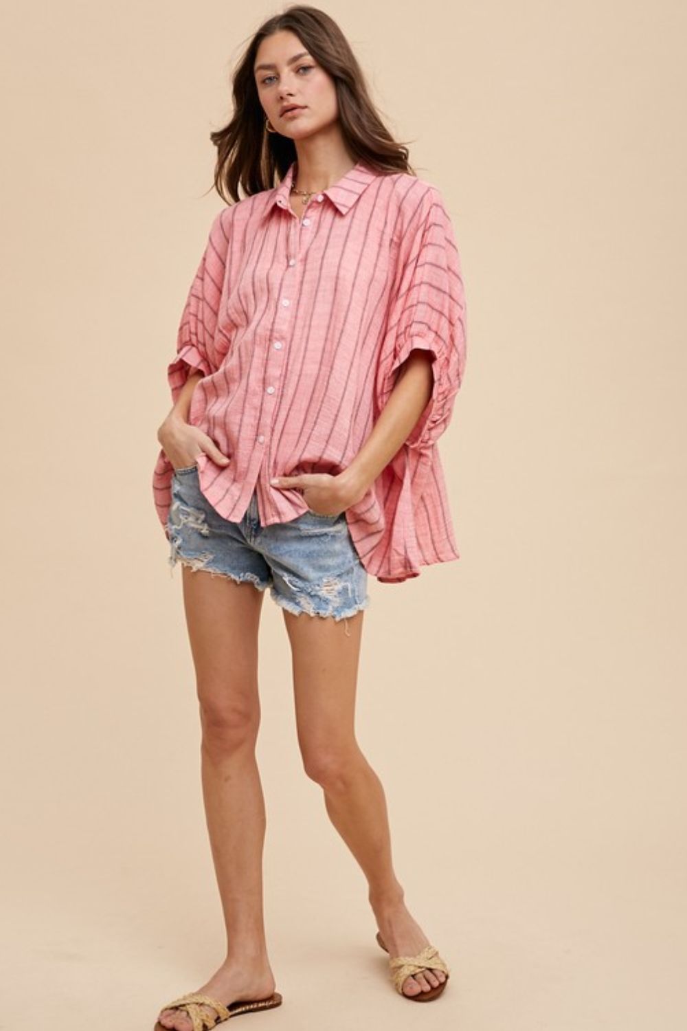 Annie Wear Striped Button Up Half Sleeve Shirt-TOPS / DRESSES-[Adult]-[Female]-2022 Online Blue Zone Planet