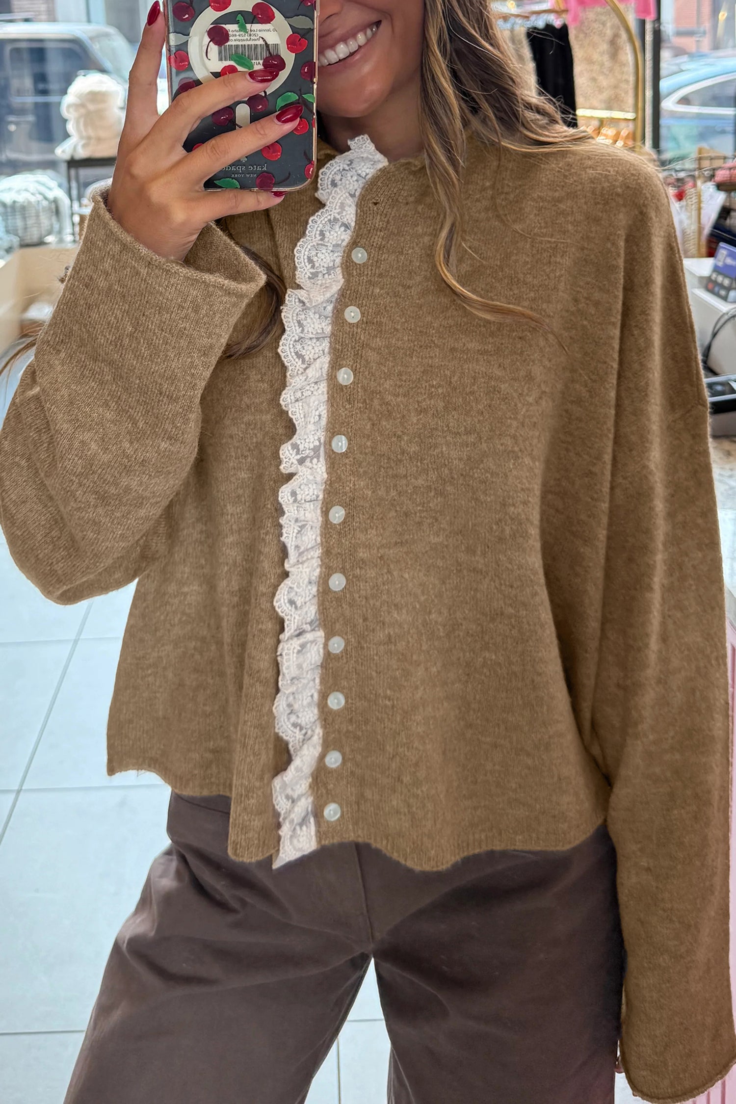 Simply Taupe Contrast Frilled Lace Trim Loose Cardigan Sweater-Sweaters & Cardigans/Cardigans-[Adult]-[Female]-Simply Taupe-S-2022 Online Blue Zone Planet