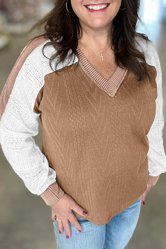 Coffee V Neck Lace Sleeve Patchwork Plus Size Blouse-Plus Size/Plus Size Tops/Plus Size Long Sleeve Tops-[Adult]-[Female]-Coffee-1X-2022 Online Blue Zone Planet