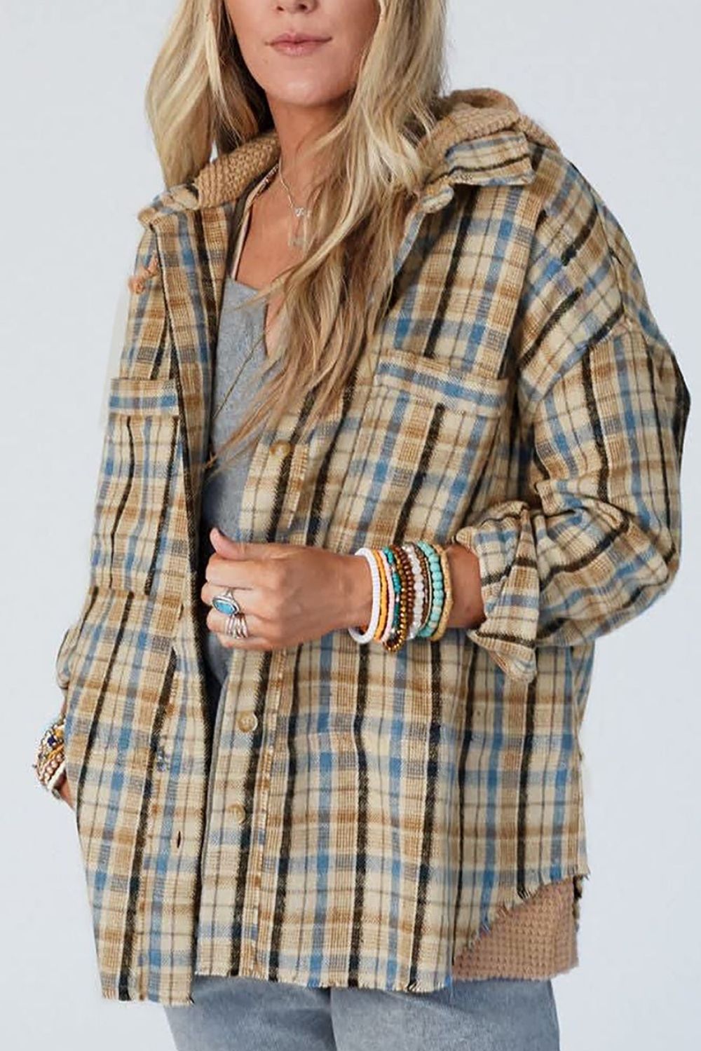 Drawstring Waffle Knit Patchwork Hooded Plaid Shacket-TOPS / DRESSES-[Adult]-[Female]-Plaid-S-2022 Online Blue Zone Planet